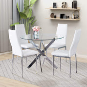 Round Tempered Glass Dining Table Set for 4 with 4 Upholstered Chairs (Sliver Table with White Chairs) US | LEUKHOUSE