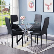 Round Tempered Glass Dining Table Set for 4 with 4 Upholstered Chairs (Sliver Table with Black Chairs) US | LEUKHOUSE