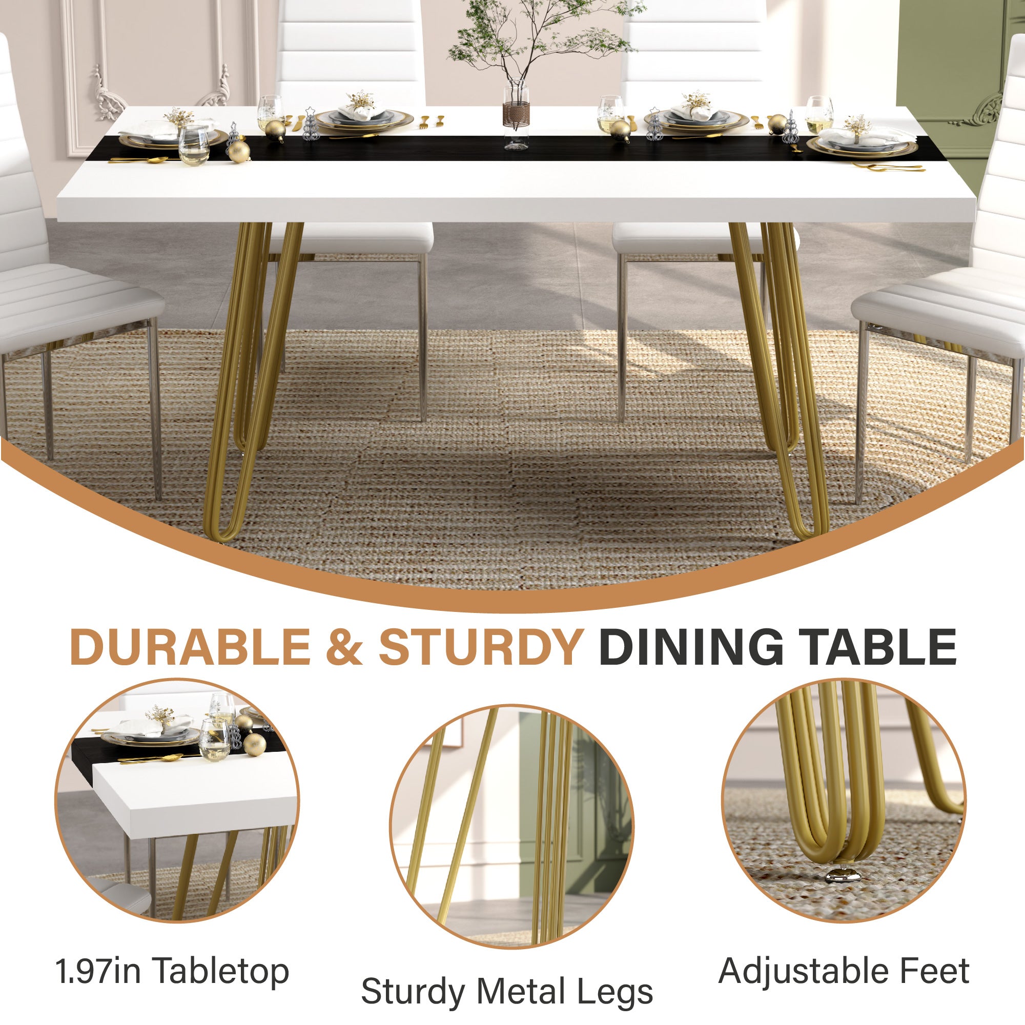 Rectangular Dining Table, Large Wooden Dining Table, 63 Inches Farmhouse Kitchen Table for Kitchen Dining Room CA | LEUKHOUSE