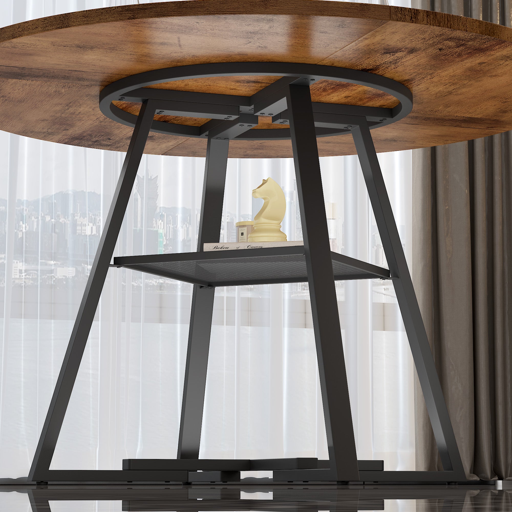 Table a Manger Ronde en Bois, Style Industriel, 120 x 120 x 75 cm, Table Étagère de Rangement Base Métallique Noire AWS2731FR | LEUKHOUSE