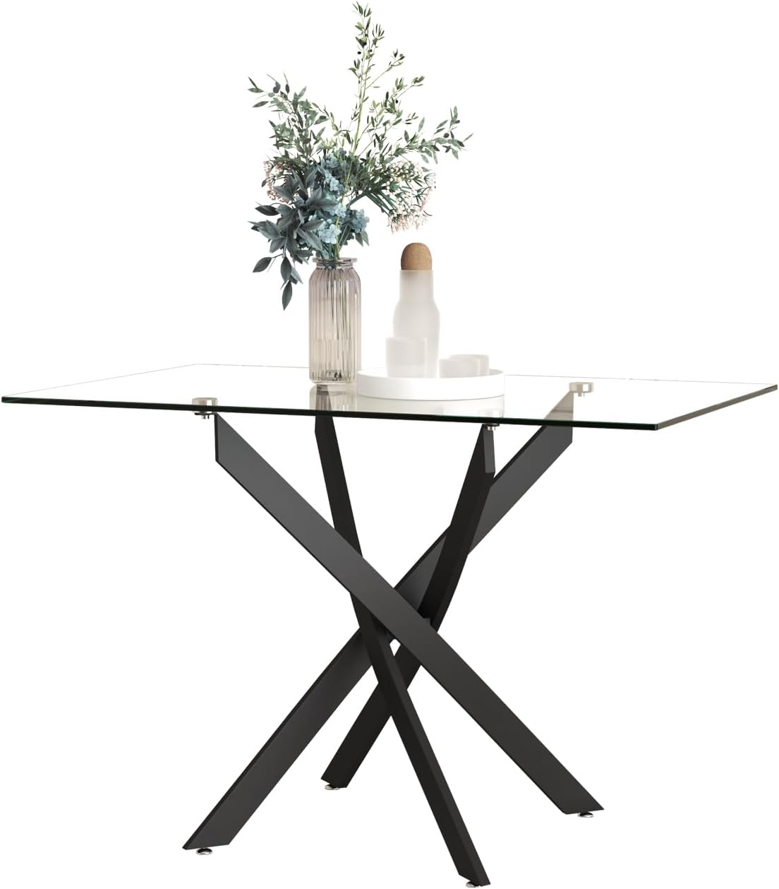 Glass Dining Table,47.2'' Rectangular Kitchen Table with Black Metal Legs, Modern Style Dining Table for Home Kitchen,Dining Room CA | LEUKHOUSE