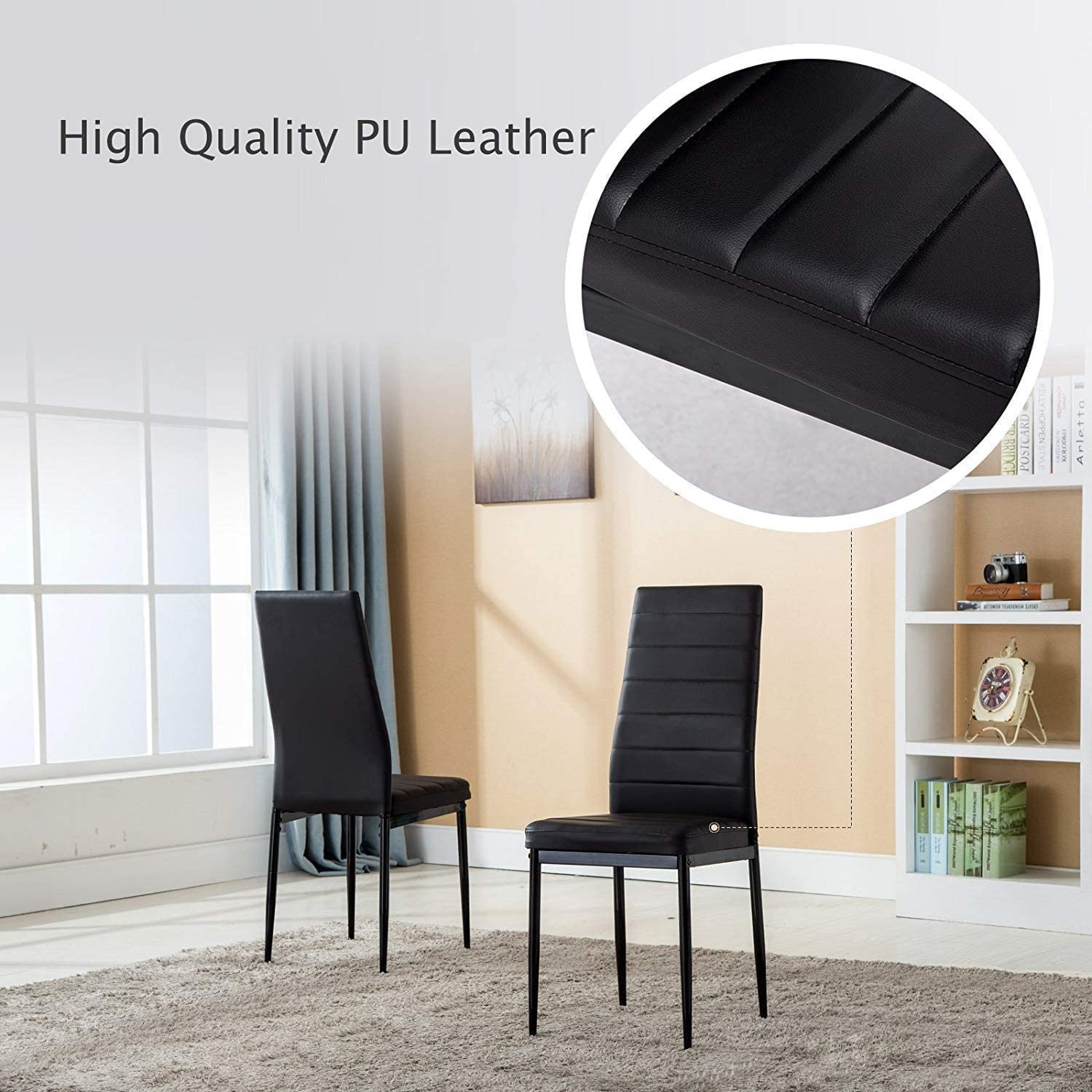 Round Tempered Glass Dining Table Set for 4 with 4 Upholstered Chairs (Black Table with Black Chairs) US | LEUKHOUSE