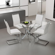 Round Tempered Glass Dining Table Set for 4 with 4 Upholstered Chairs (Sliver Table with White Chairs) US | LEUKHOUSE