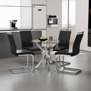 Round Tempered Glass Dining Table Set for 4 with 4 Upholstered Chairs (Sliver Table with Black Chairs) US | LEUKHOUSE