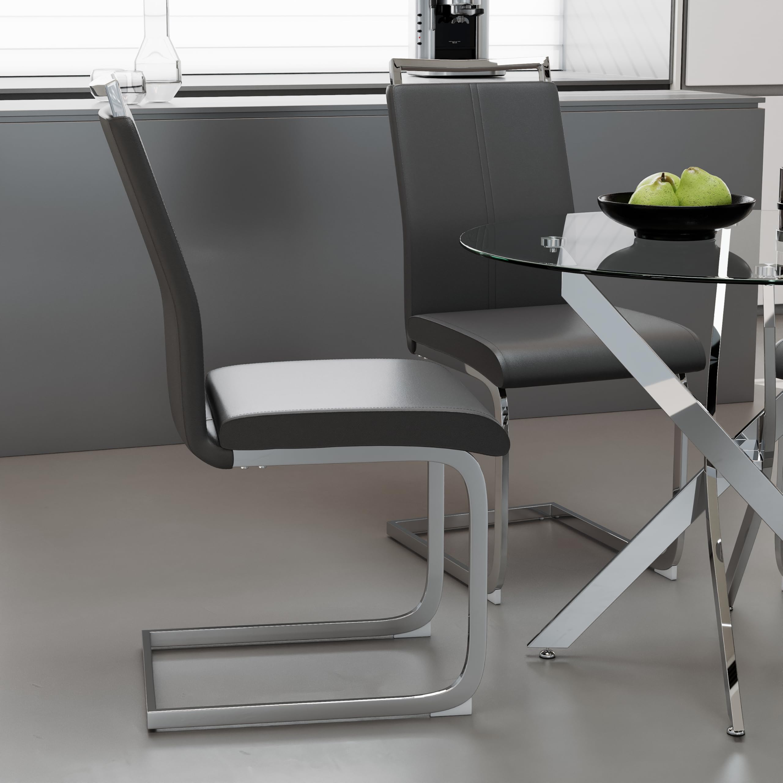 Round Tempered Glass Dining Table Set for 4 with 4 Upholstered Chairs (Sliver Table with Dark Grey Chairs) US | LEUKHOUSE