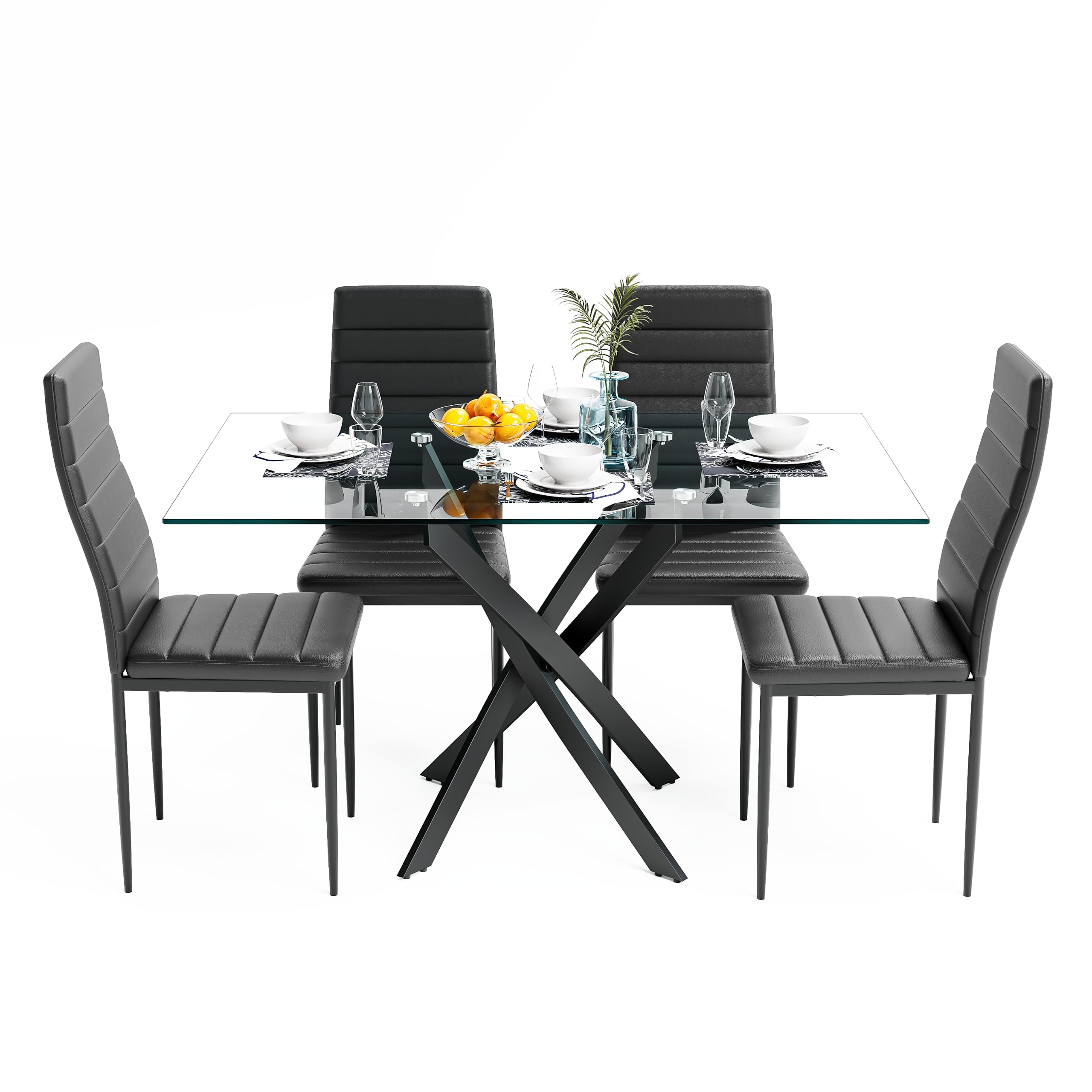 5 Piece Dining Table Table Set, Modern Tempered Glass Dining Table Set for 4 Kitchen Table Set with 4 Upholstered Chairs (Black Table with Black Chairs) US | LEUKHOUSE
