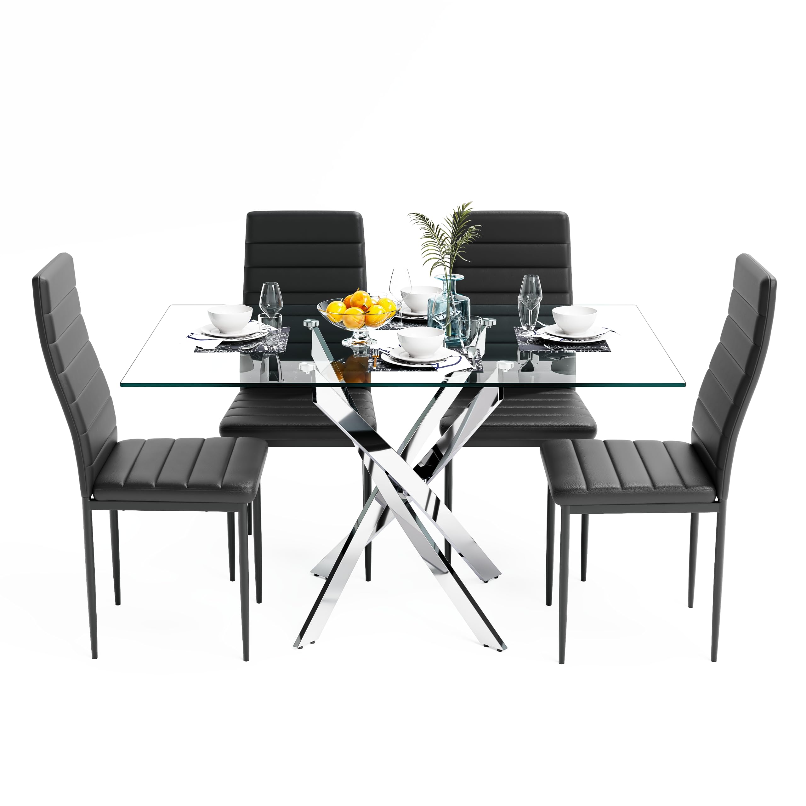5 Piece Dining Table Table Set, Modern Tempered Glass Dining Table Set for 4 Kitchen Table Set with 4 Upholstered Chairs (Sliver Table with Black Chairs) US | LEUKHOUSE
