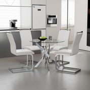 Round Tempered Glass Dining Table Set for 4 with 4 Upholstered Chairs (Sliver Table with White Chairs) US | LEUKHOUSE