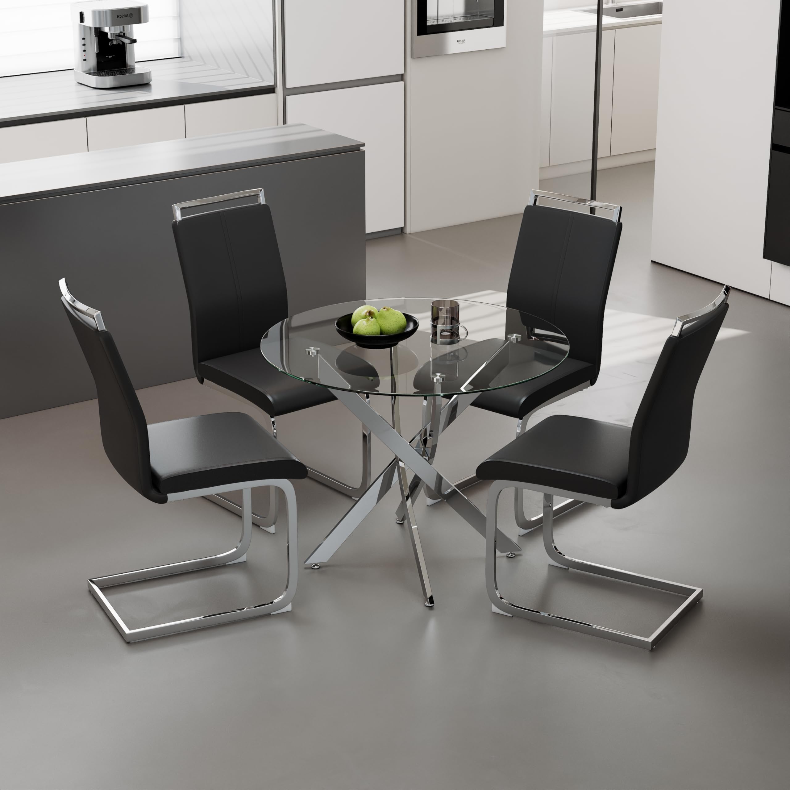 Round Tempered Glass Dining Table Set for 4 with 4 Upholstered Chairs (Sliver Table with Black Chairs) US | LEUKHOUSE