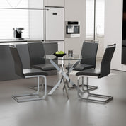 Round Tempered Glass Dining Table Set for 4 with 4 Upholstered Chairs (Sliver Table with Dark Grey Chairs) US | LEUKHOUSE