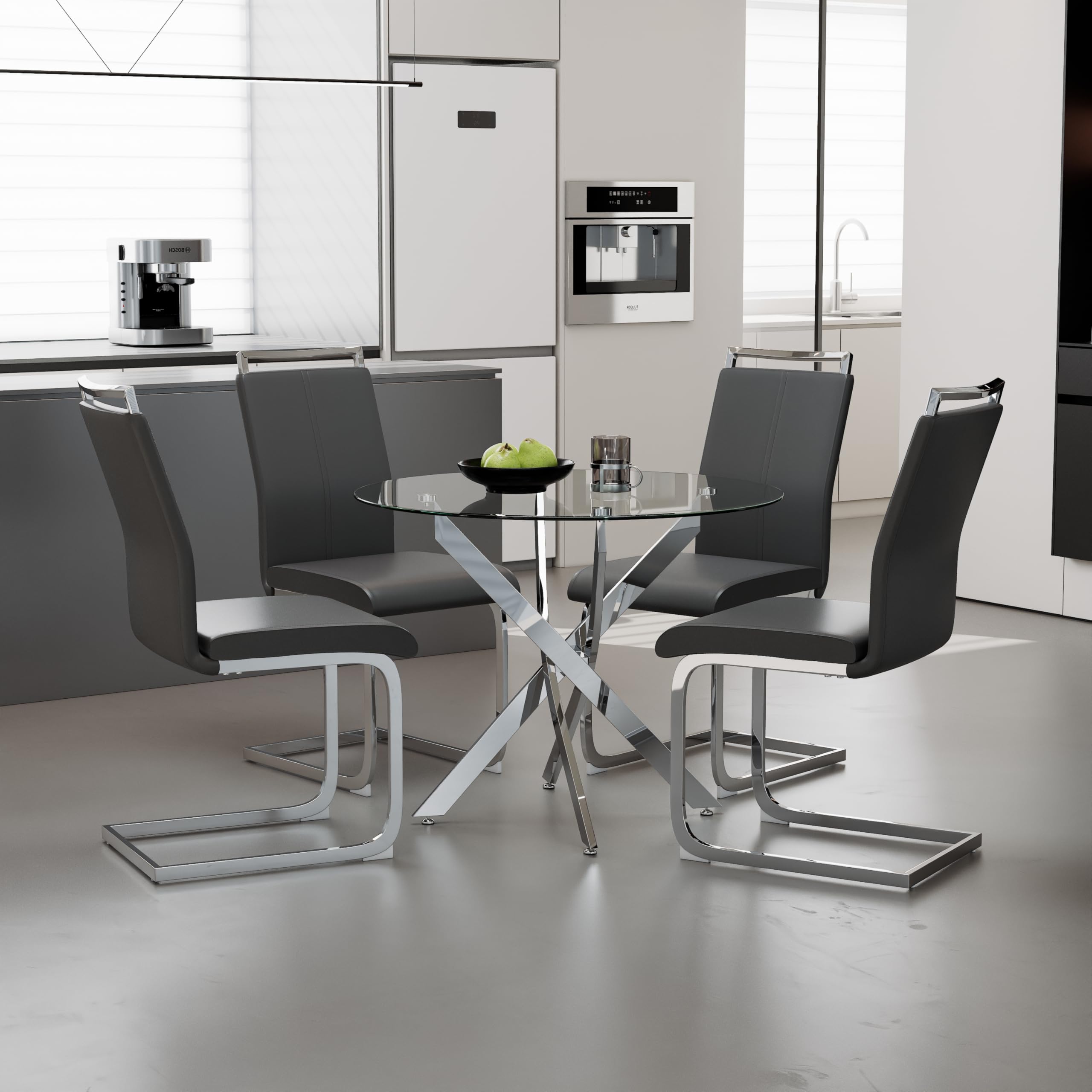 Round Tempered Glass Dining Table Set for 4 with 4 Upholstered Chairs (Sliver Table with Dark Grey Chairs) US | LEUKHOUSE