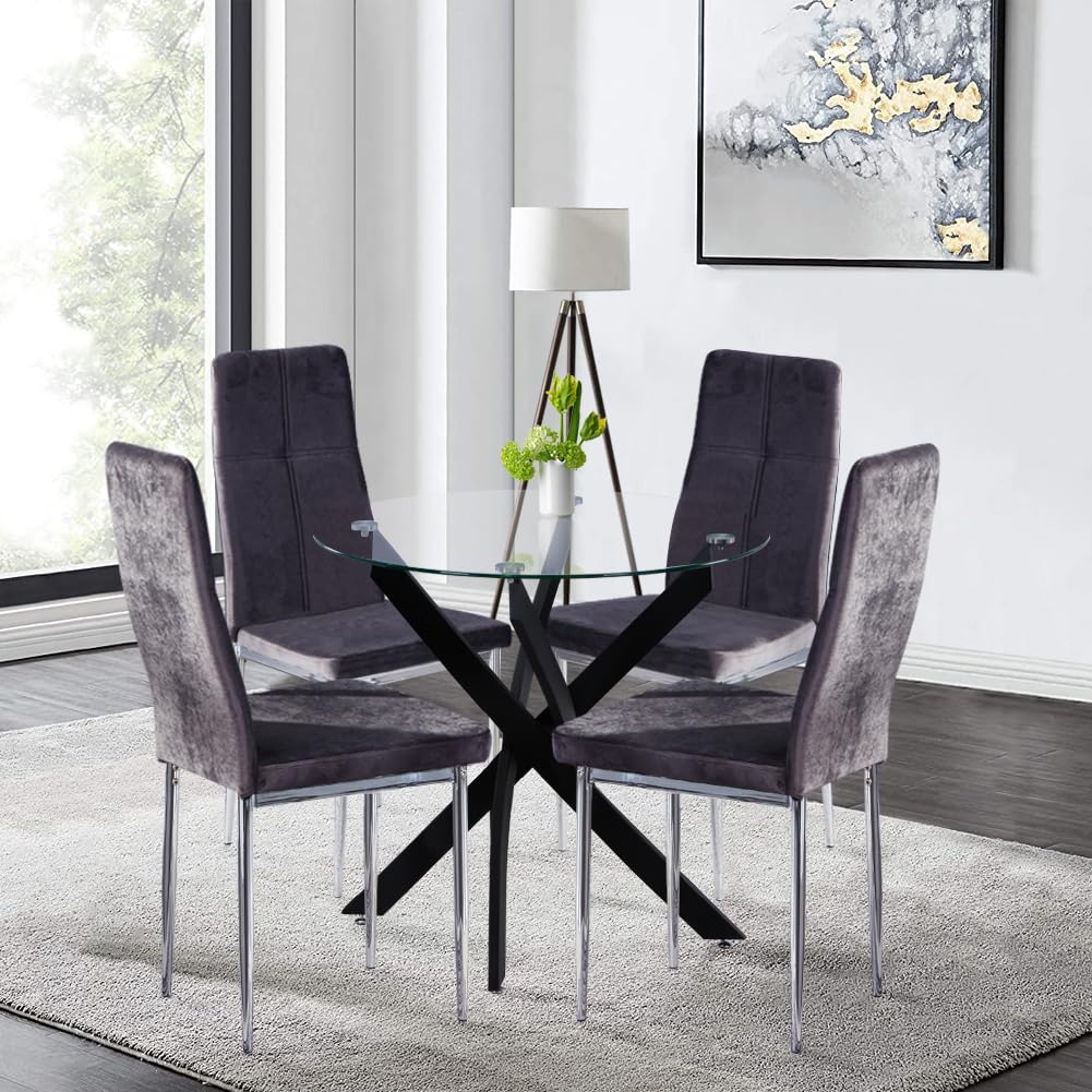 Glass Dining Table, 35.5 inches Round Modern Kitchen Table Home Furniture with Black Metal Legs for Dining Room&Living Room CA | LEUKHOUSE