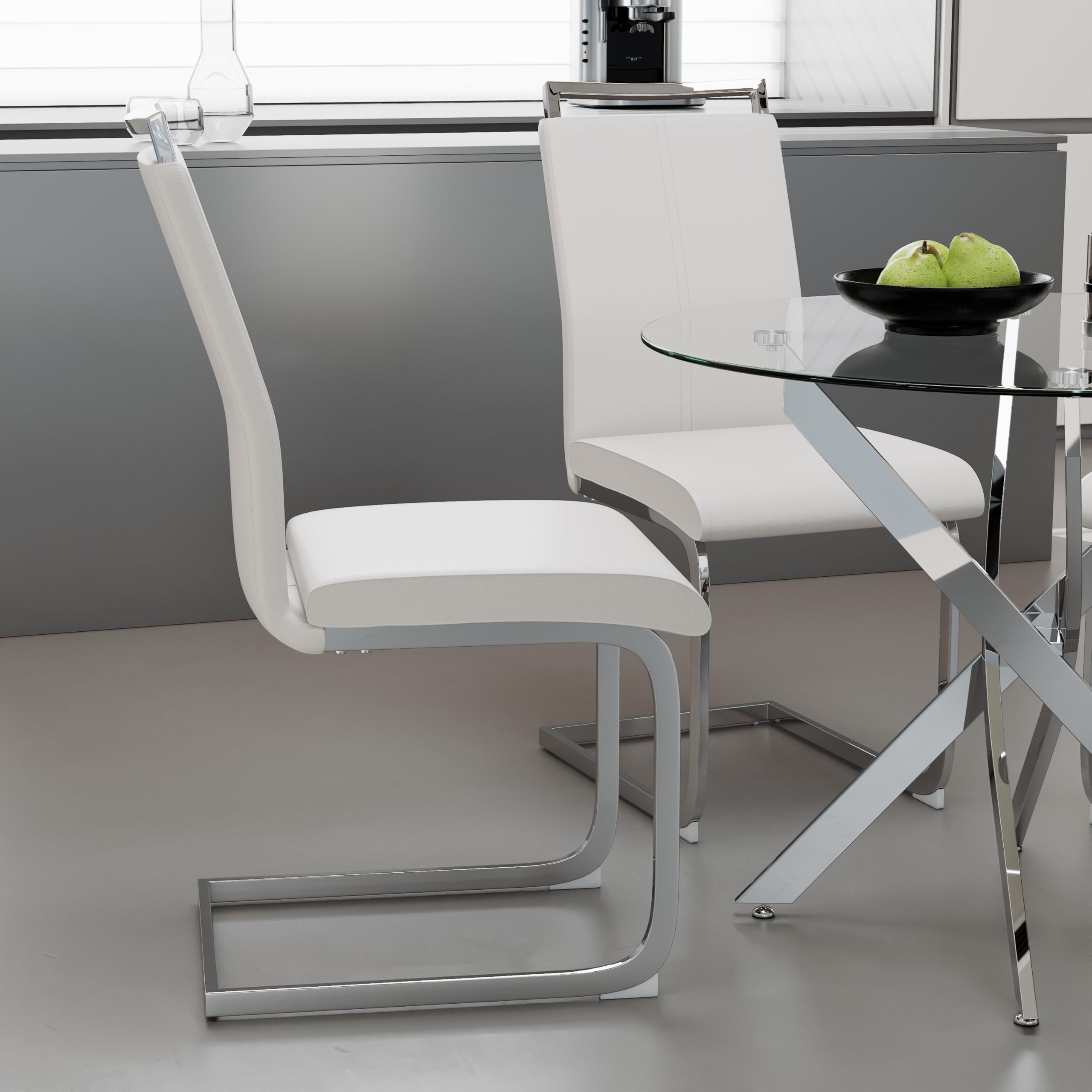 Round Tempered Glass Dining Table Set for 4 with 4 Upholstered Chairs (Sliver Table with White Chairs) US | LEUKHOUSE