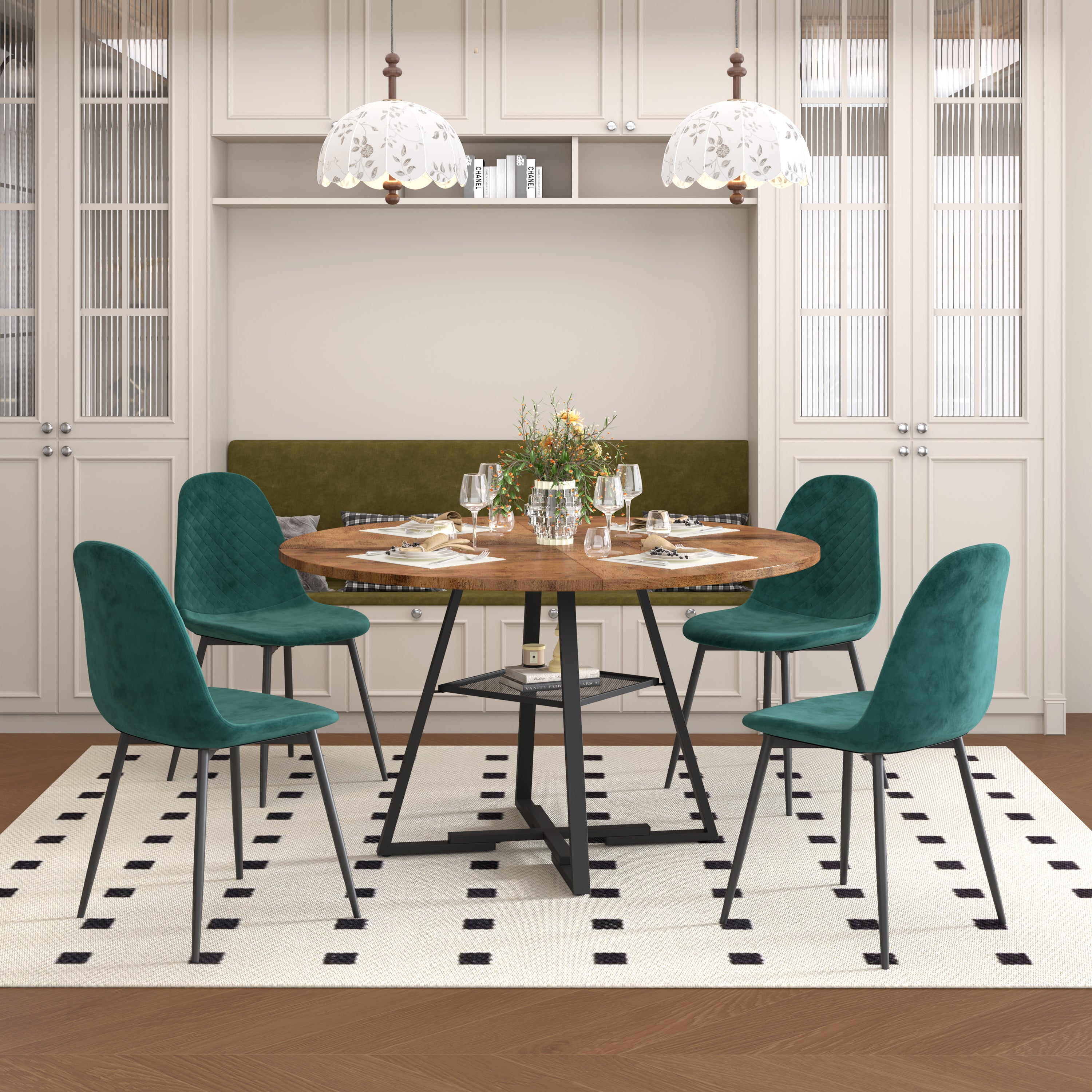 Table a Manger Ronde en Bois, Style Industriel, 120 x 120 x 75 cm, Table Étagère de Rangement Base Métallique Noire AWS2731FR | LEUKHOUSE