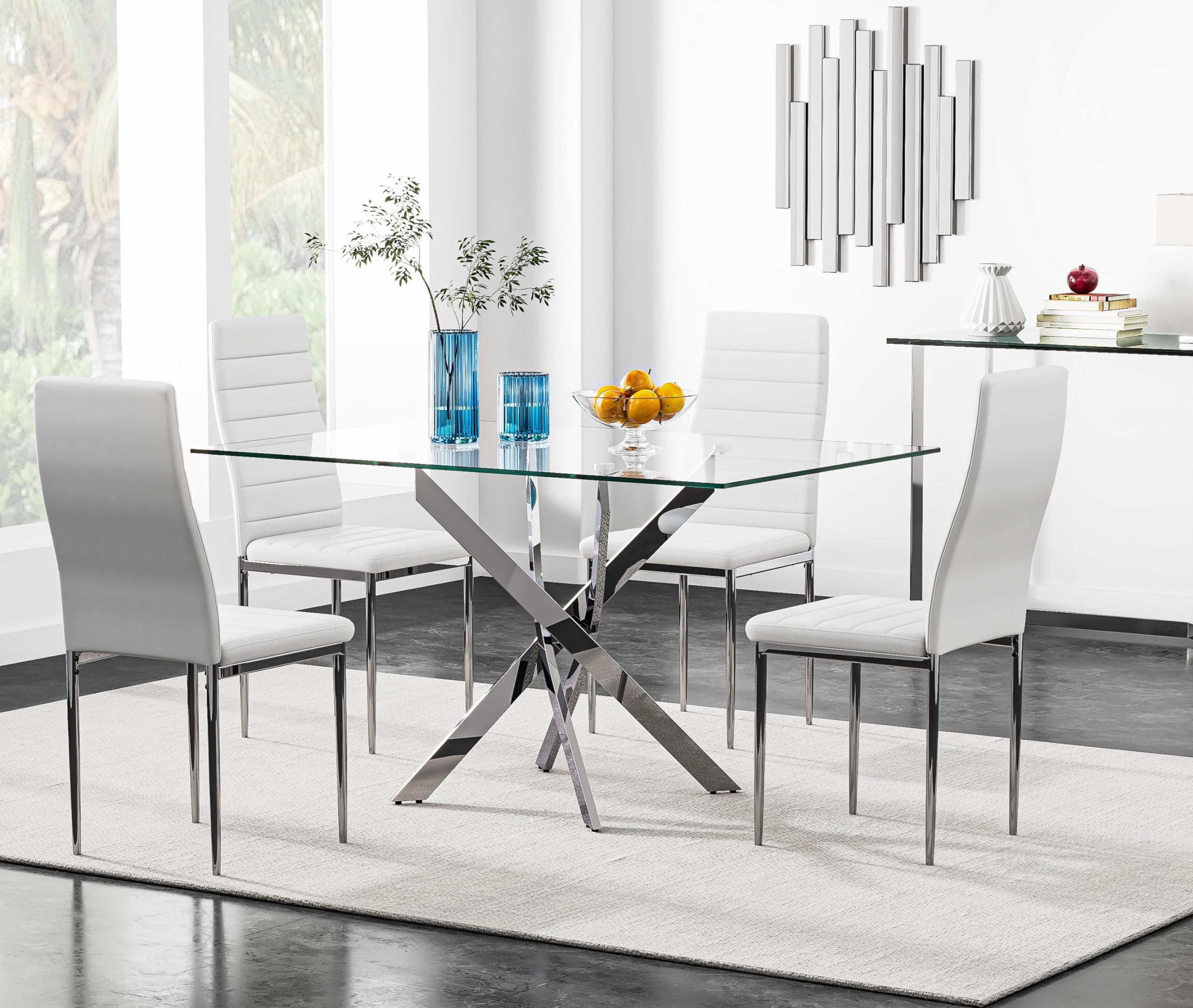 5 Piece Dining Table Table Set, Modern Tempered Glass Dining Table Set for 4 Kitchen Table Set with 4 Upholstered Chairs (Sliver Table with White Chairs) US | LEUKHOUSE