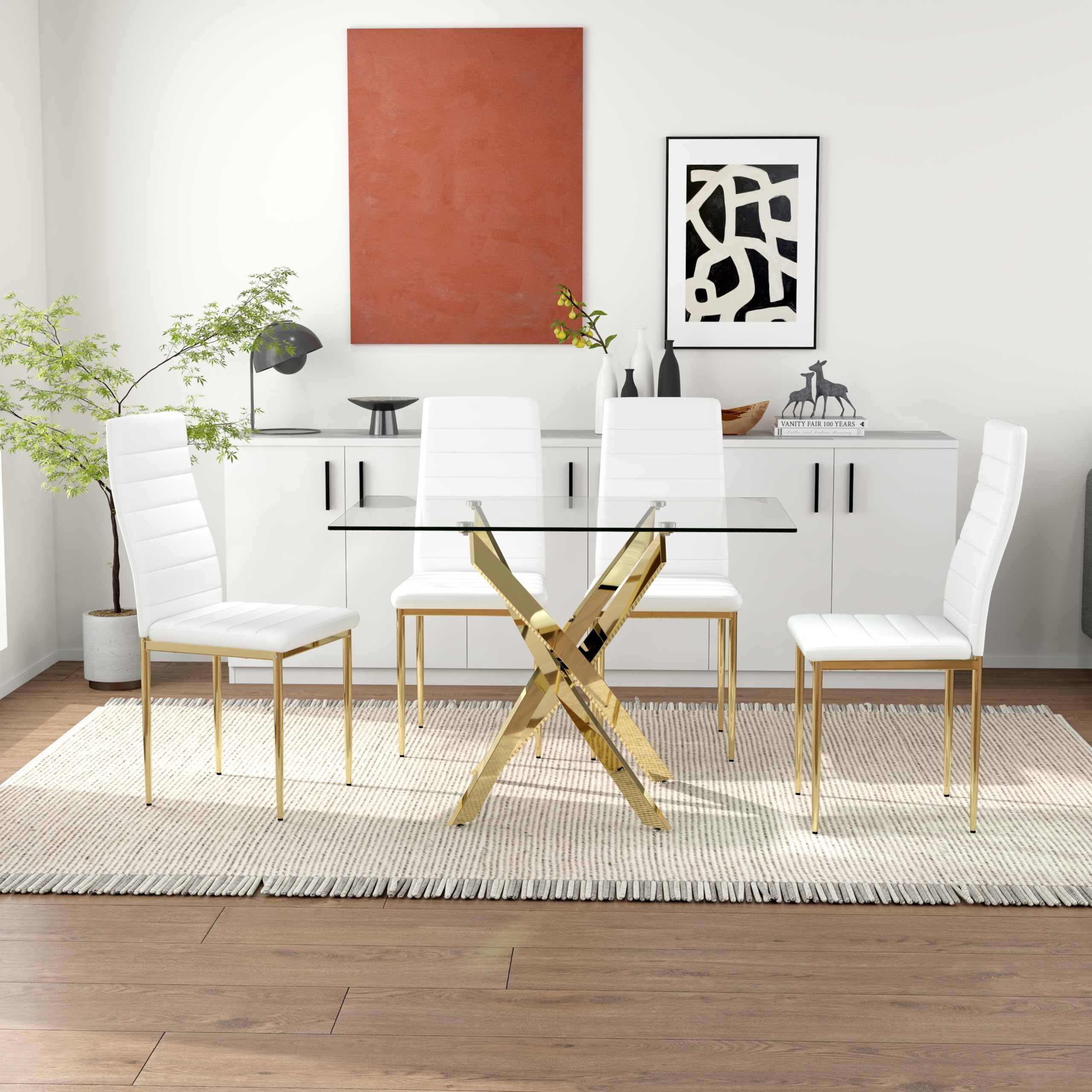 5 Piece Dining Table Table Set, Modern Tempered Glass Dining Table Set for 4 Kitchen Table Set with 4 Upholstered Chairs (Gold Table with Gold Chairs) US | LEUKHOUSE