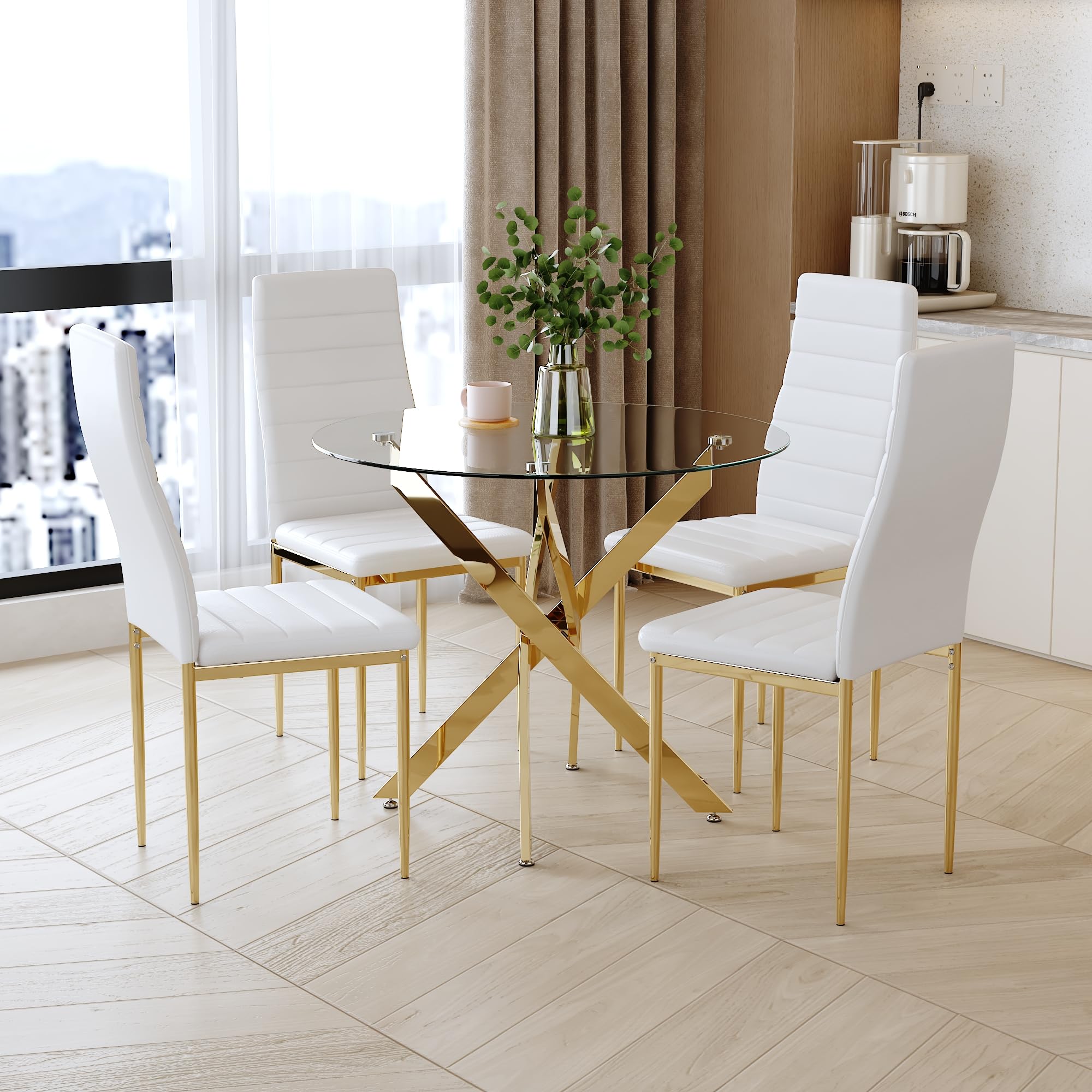 35.5 Inch Round Tempered Glass Dining Table for 2-4 with Chromed Legs (Gold) US | LEUKHOUSE