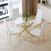Round Tempered Glass Dining Table Set for 4 with 4 Upholstered Chairs (Gold Table with Gold Chairs) US | LEUKHOUSE