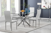 5 Piece Dining Table Table Set, Modern Tempered Glass Dining Table Set for 4 Kitchen Table Set with 4 Upholstered Chairs (Sliver Table with White Chairs) US | LEUKHOUSE