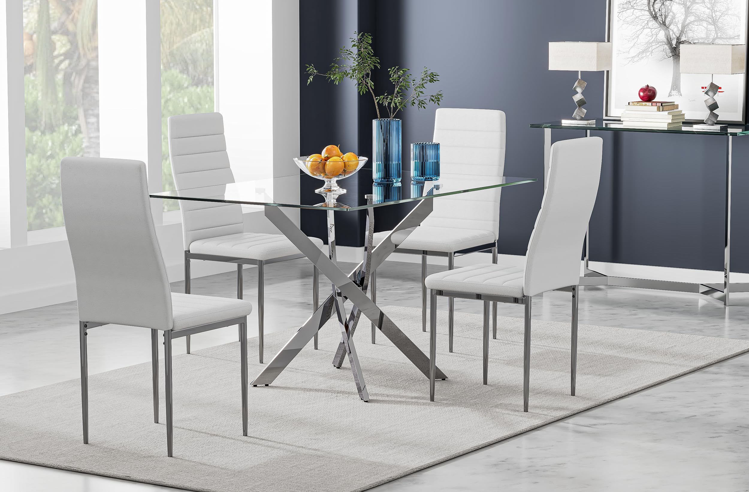 5 Piece Dining Table Table Set, Modern Tempered Glass Dining Table Set for 4 Kitchen Table Set with 4 Upholstered Chairs (Sliver Table with White Chairs) US | LEUKHOUSE