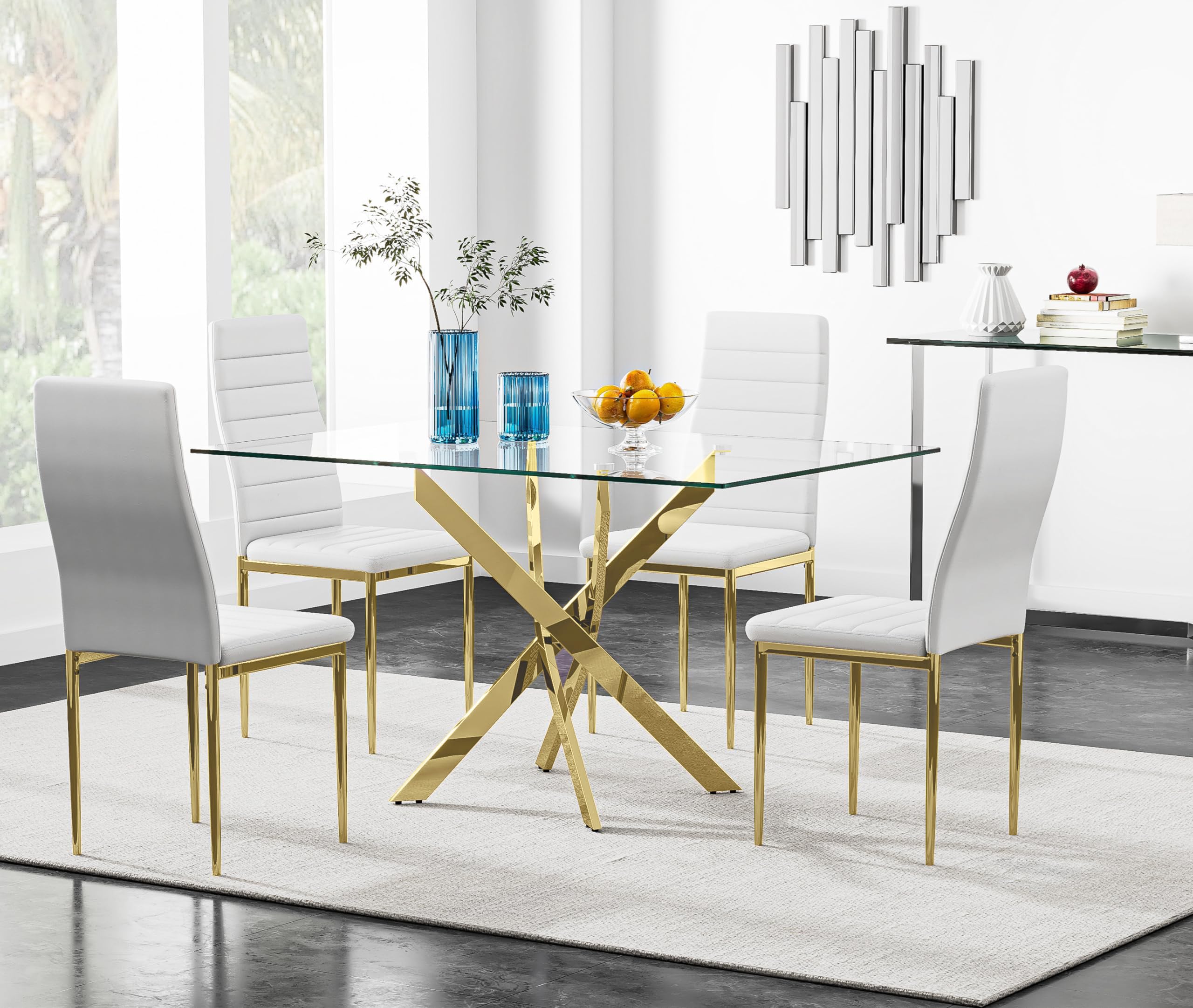 5 Piece Dining Table Table Set, Modern Tempered Glass Dining Table Set for 4 Kitchen Table Set with 4 Upholstered Chairs (Gold Table with Gold Chairs) US | LEUKHOUSE