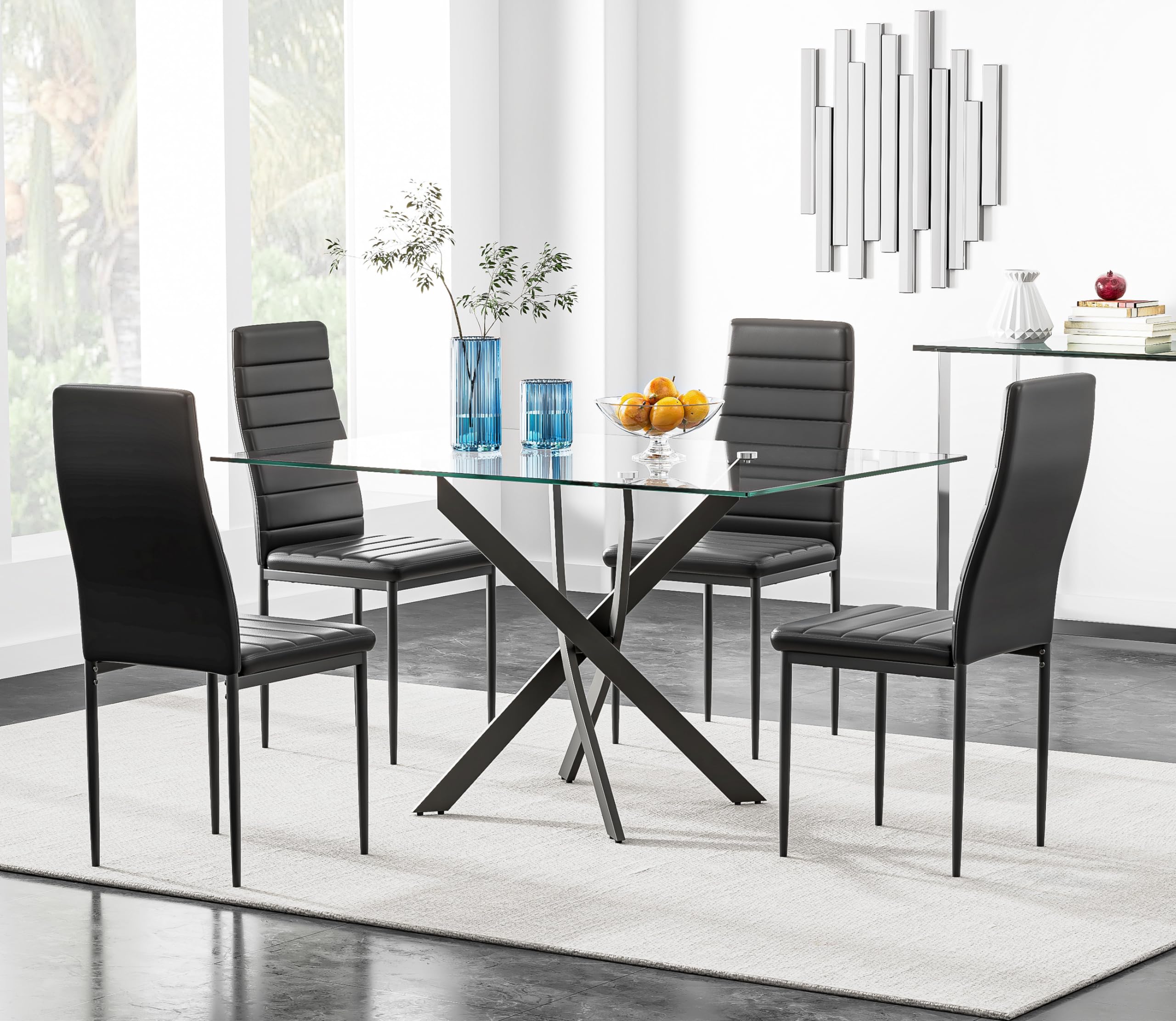 5 Piece Dining Table Table Set, Modern Tempered Glass Dining Table Set for 4 Kitchen Table Set with 4 Upholstered Chairs (Black Table with Black Chairs) US | LEUKHOUSE