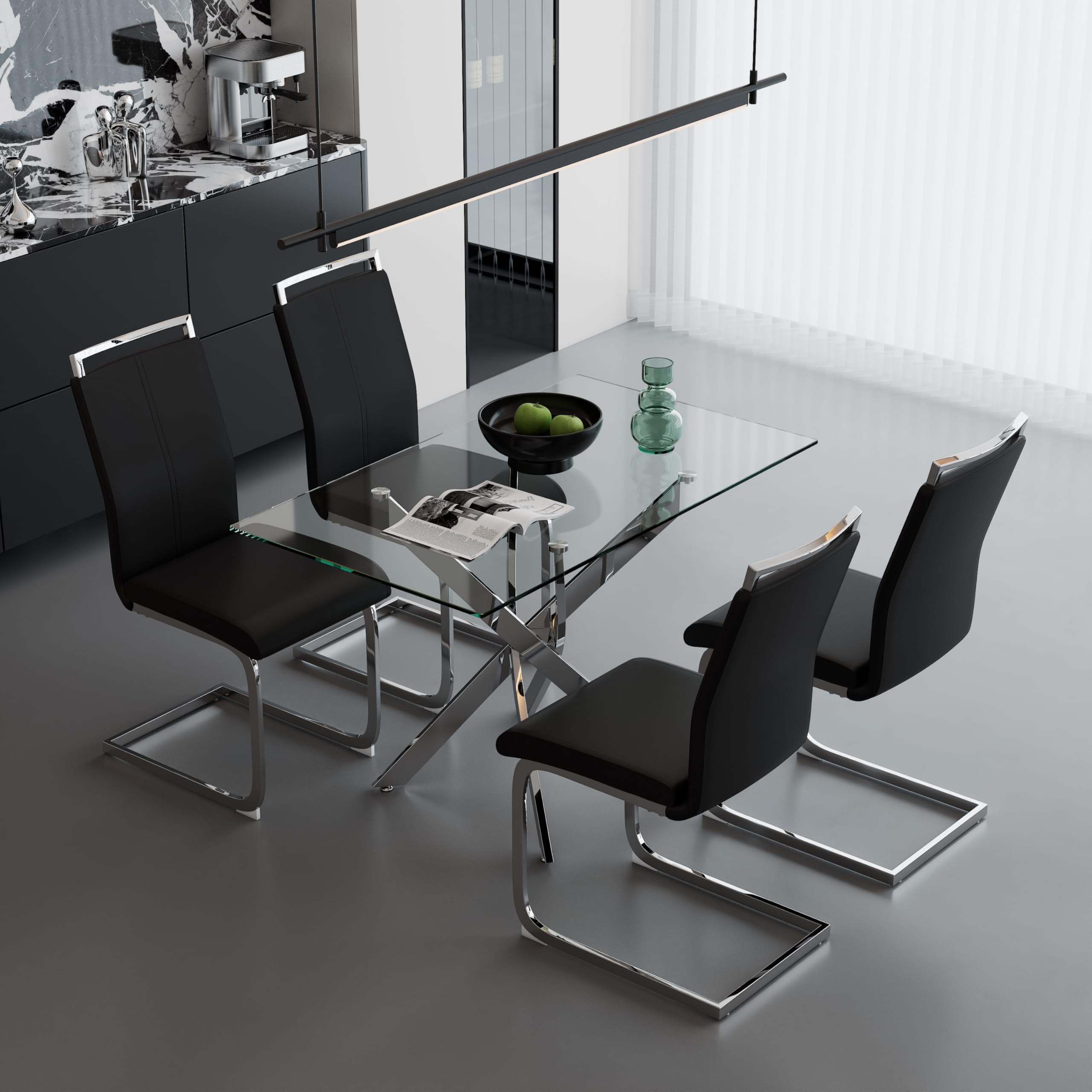 5 Piece Dining Table Table Set, Modern Tempered Glass Dining Table Set for 4 Kitchen Table Set with 4 Upholstered Chairs (Sliver Table with Dark Grey Chairs) US | LEUKHOUSE
