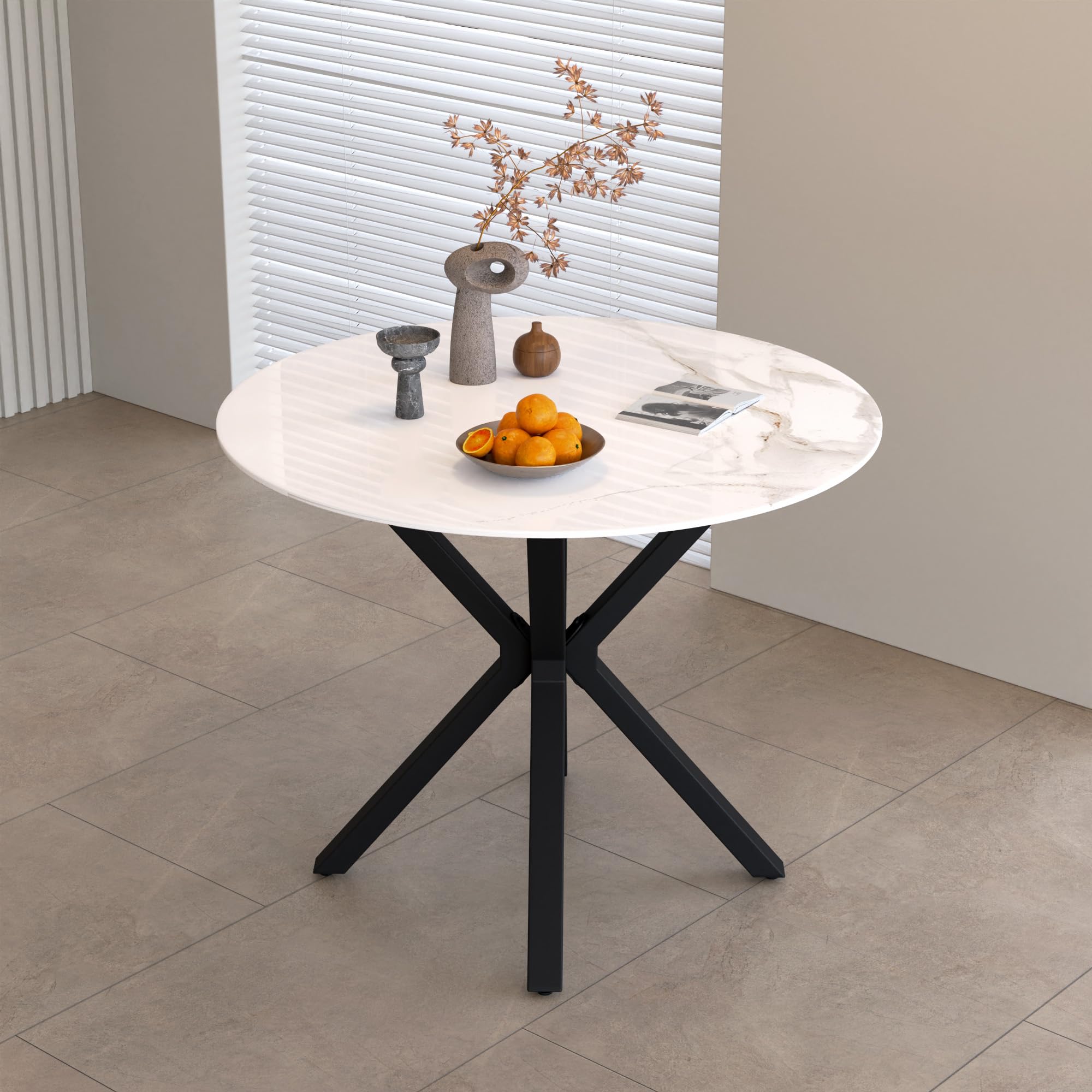 Round Dining Table,35.5" Modern Sintered Stone Kitchen Table with Black Metal Legs for Dining Room Home Furniture CA | LEUKHOUSE
