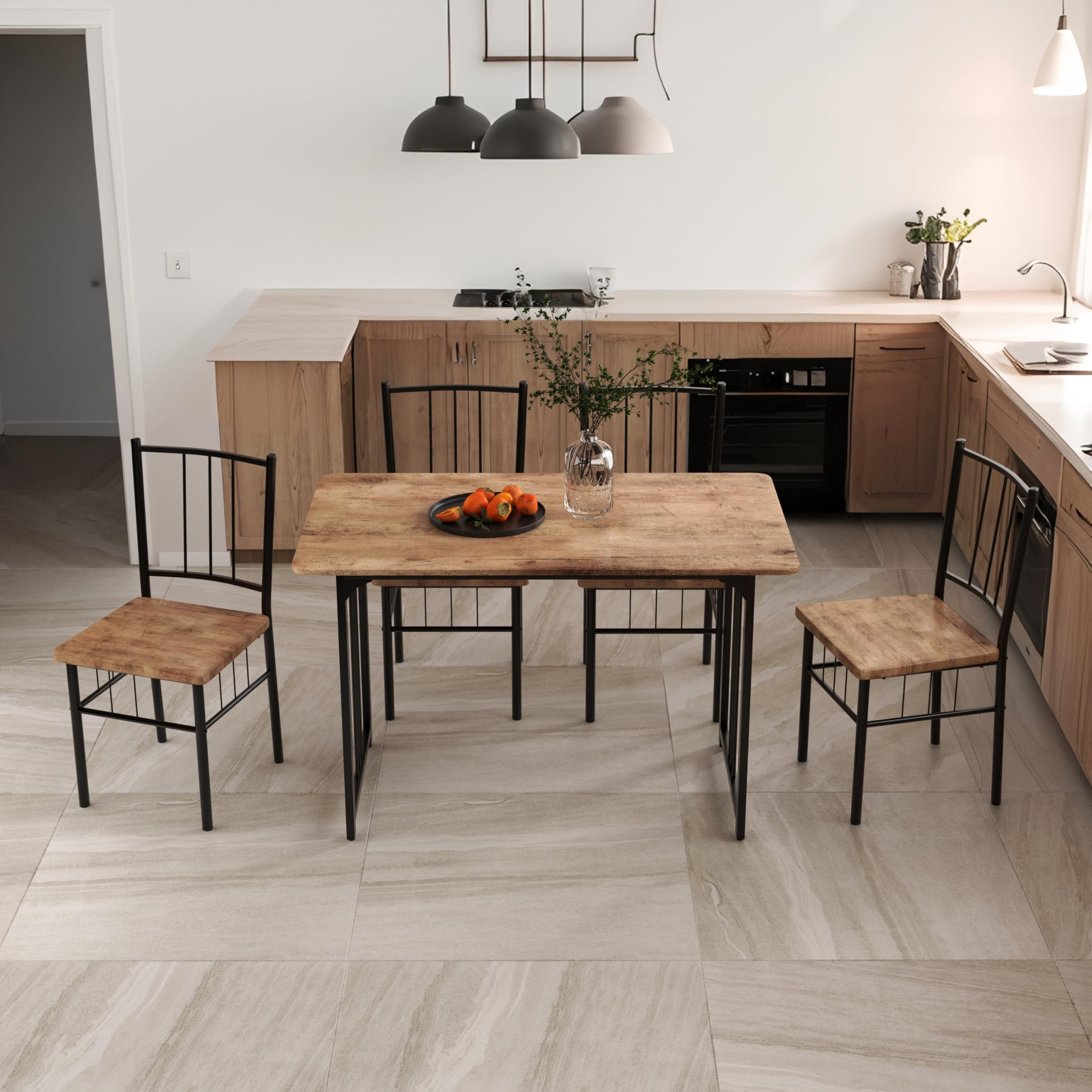 Dining Table Set for 4, 47.2-Inch Wood Kitchen Table Set,Rustic Brown 5 Piece Dining Table Set for Kitchen Dining Room CA | LEUKHOUSE