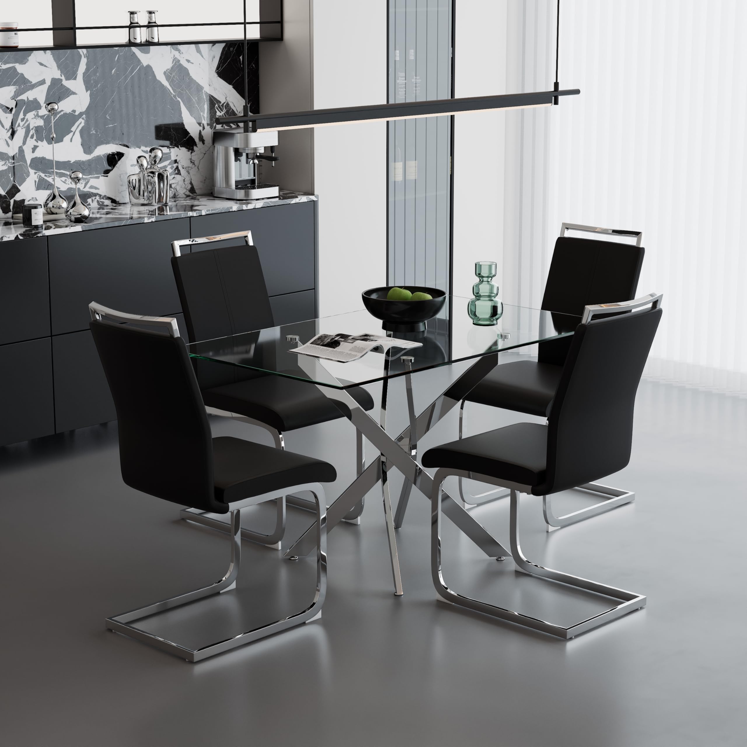 5 Piece Dining Table Table Set, Modern Tempered Glass Dining Table Set for 4 Kitchen Table Set with 4 Upholstered Chairs (Sliver Table with Dark Grey Chairs) US | LEUKHOUSE
