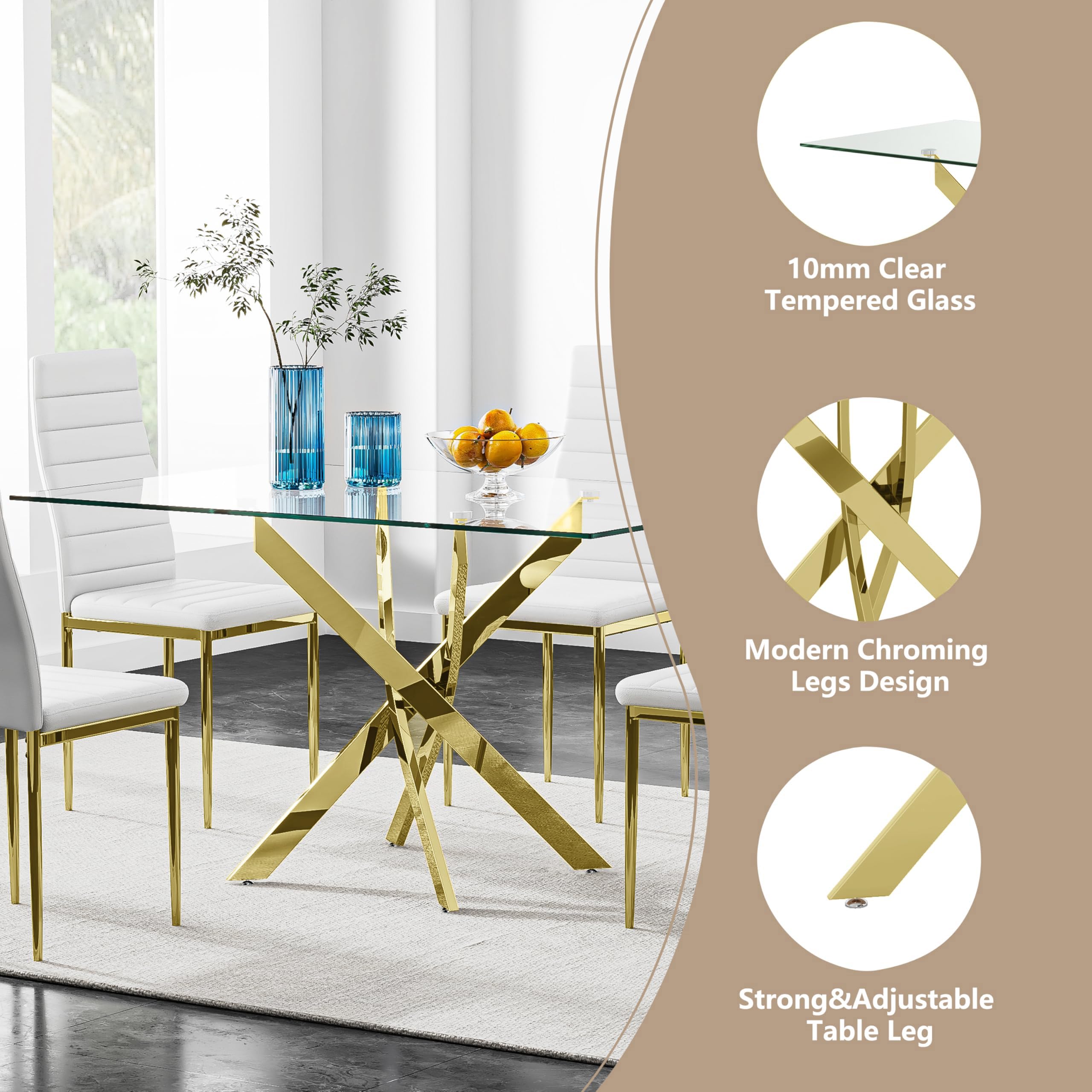 5 Piece Dining Table Table Set, Modern Tempered Glass Dining Table Set for 4 Kitchen Table Set with 4 Upholstered Chairs (Gold Table with Gold Chairs) US | LEUKHOUSE