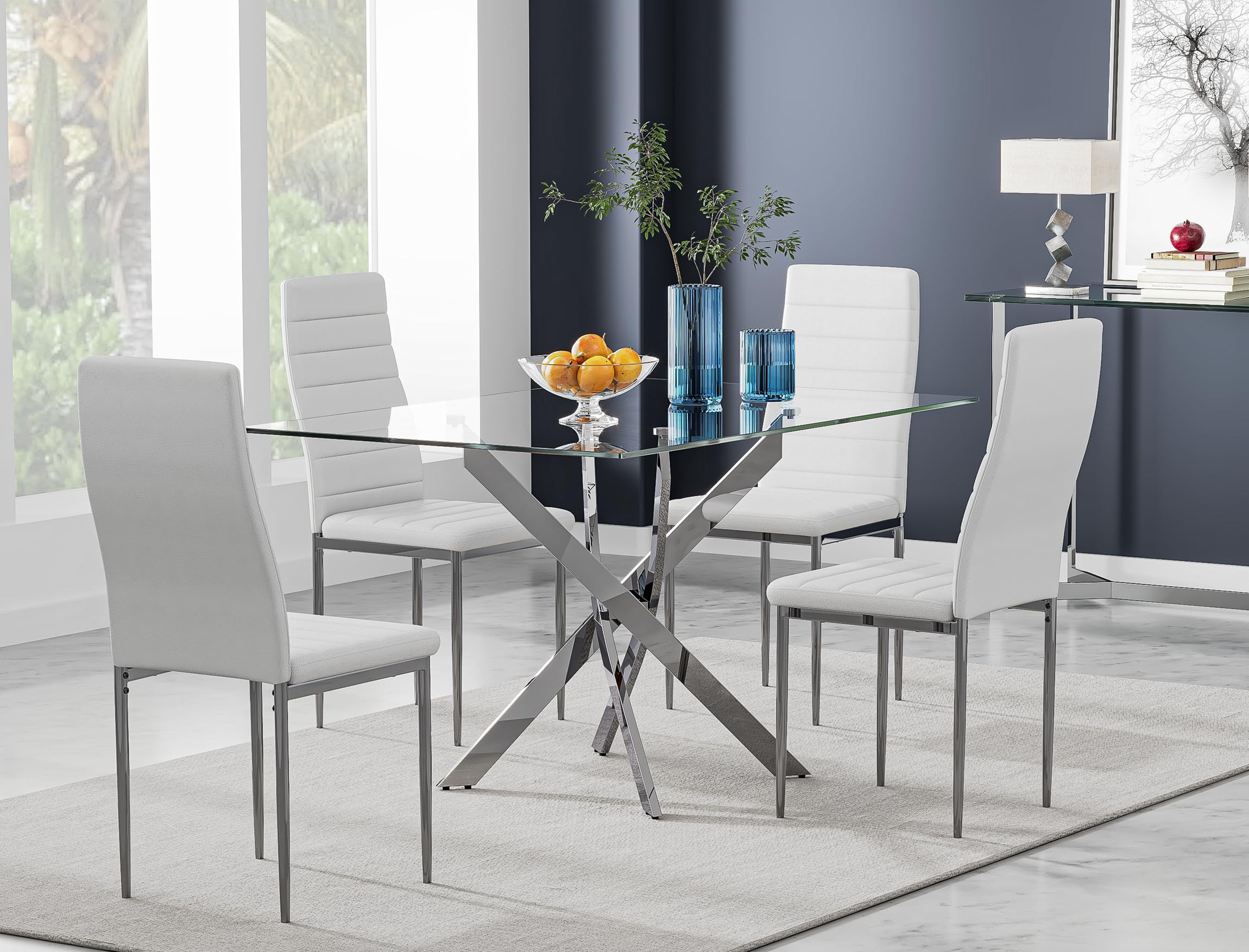 47" Tempered Glass Dining Table with Silver Metal Legs US | LEUKHOUSE