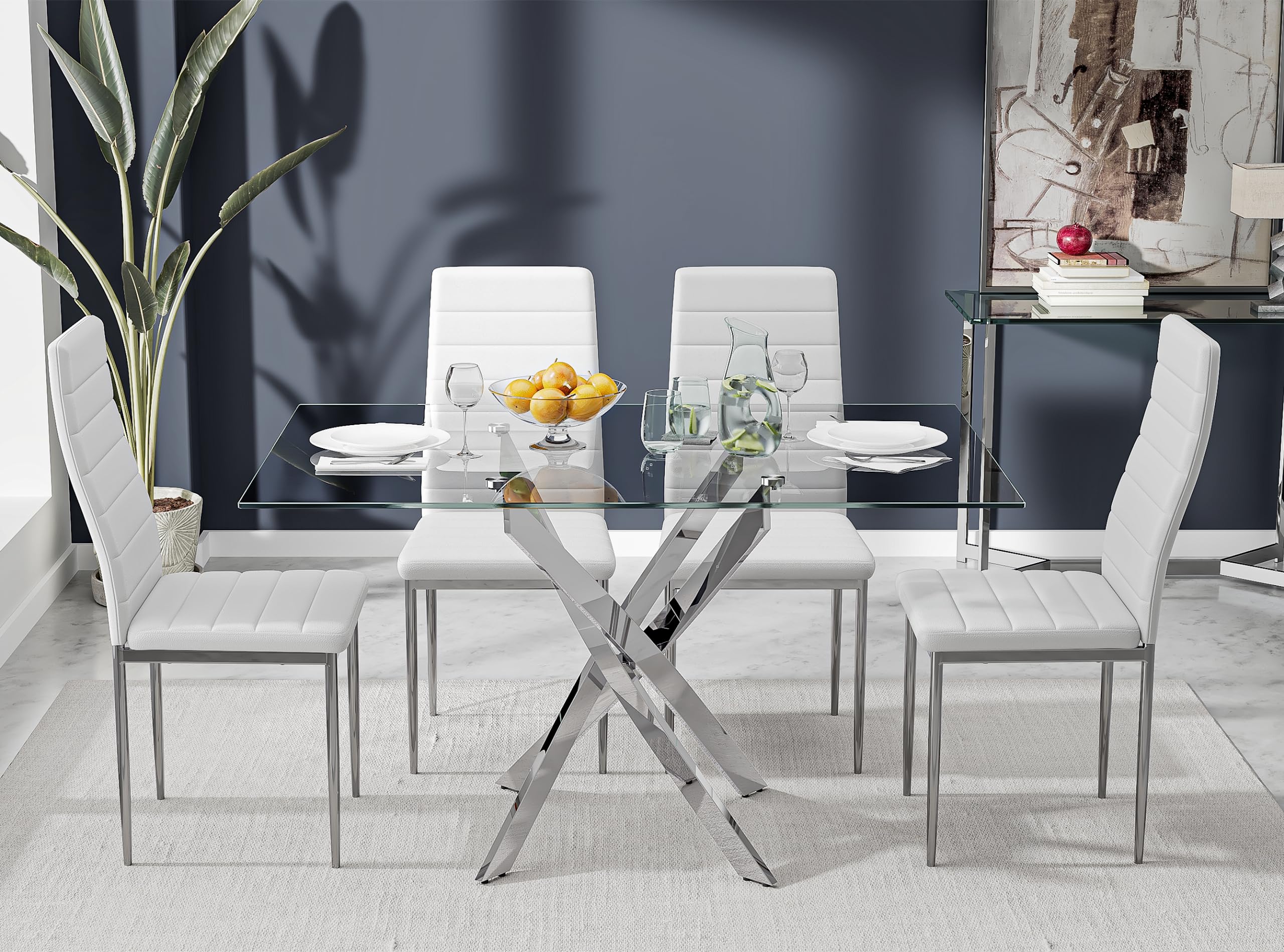 47" Tempered Glass Dining Table with Silver Metal Legs US | LEUKHOUSE