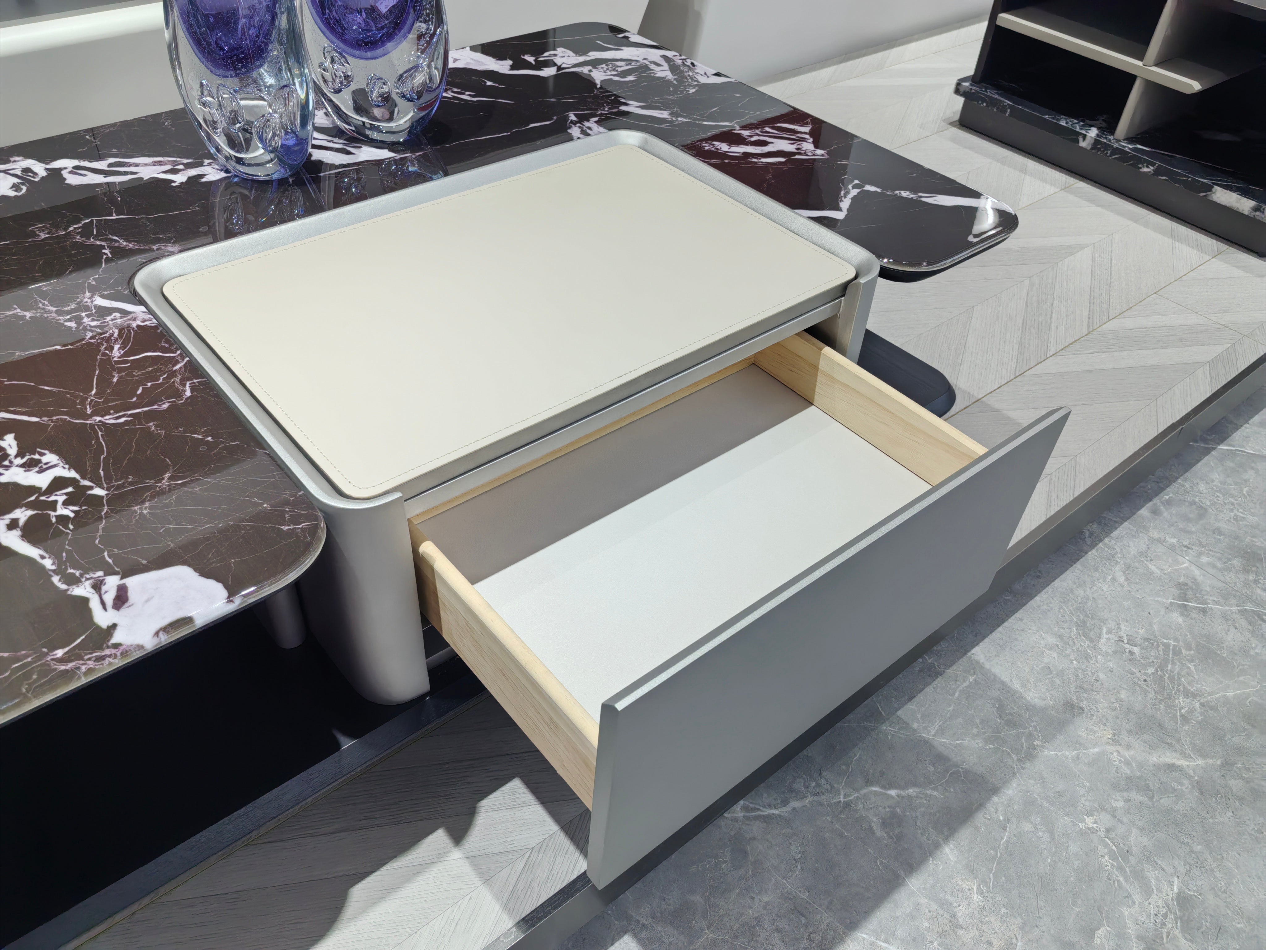 Coffee Table Artificial Stone Saddle Leather Wood Veneer‌ LKL017CTZZ | LEUKHOME