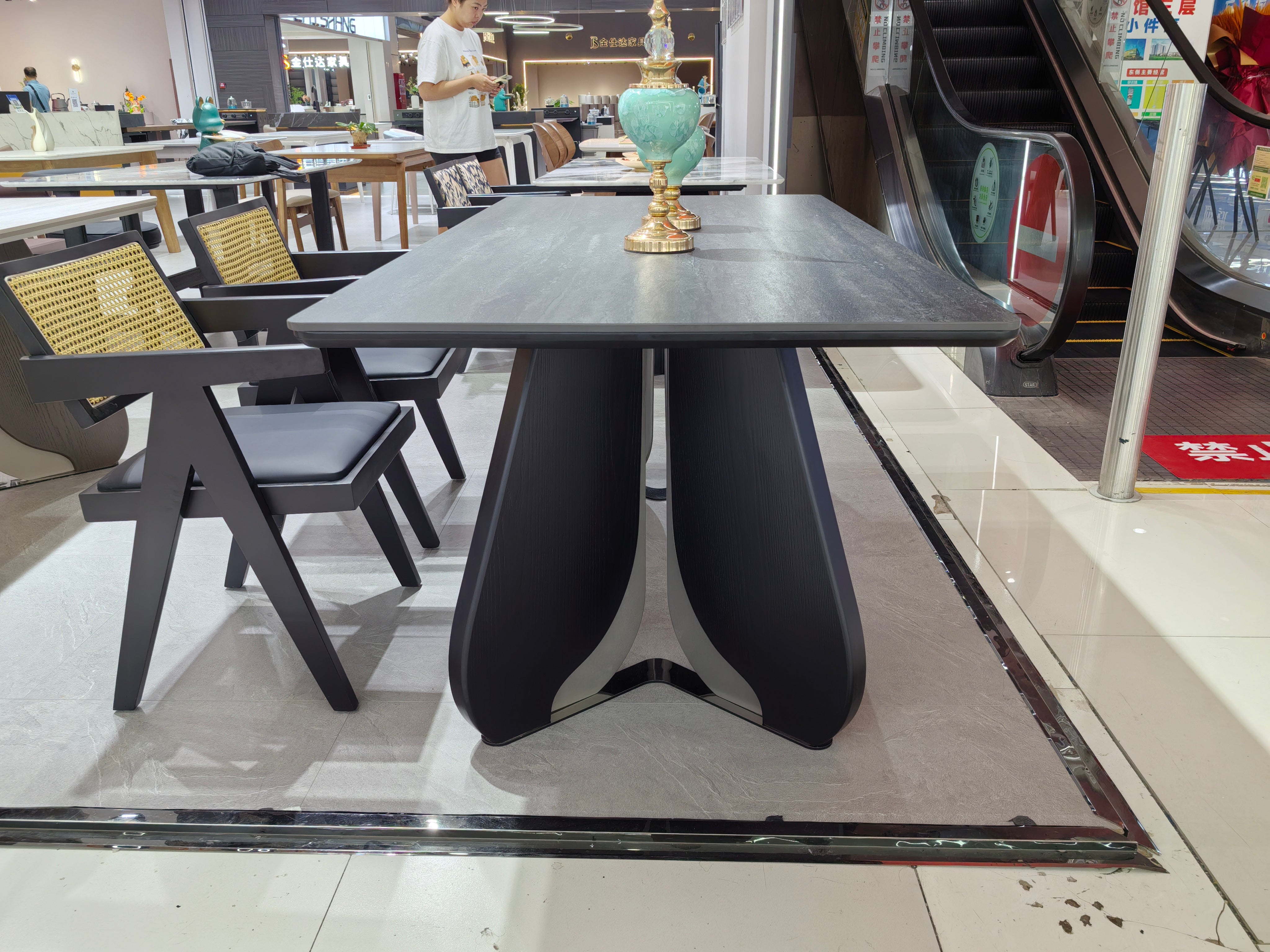 Dining Table Sintered Stone Wood Veneer Stainless Steel LKD084DTDSBL | LEUKHOME