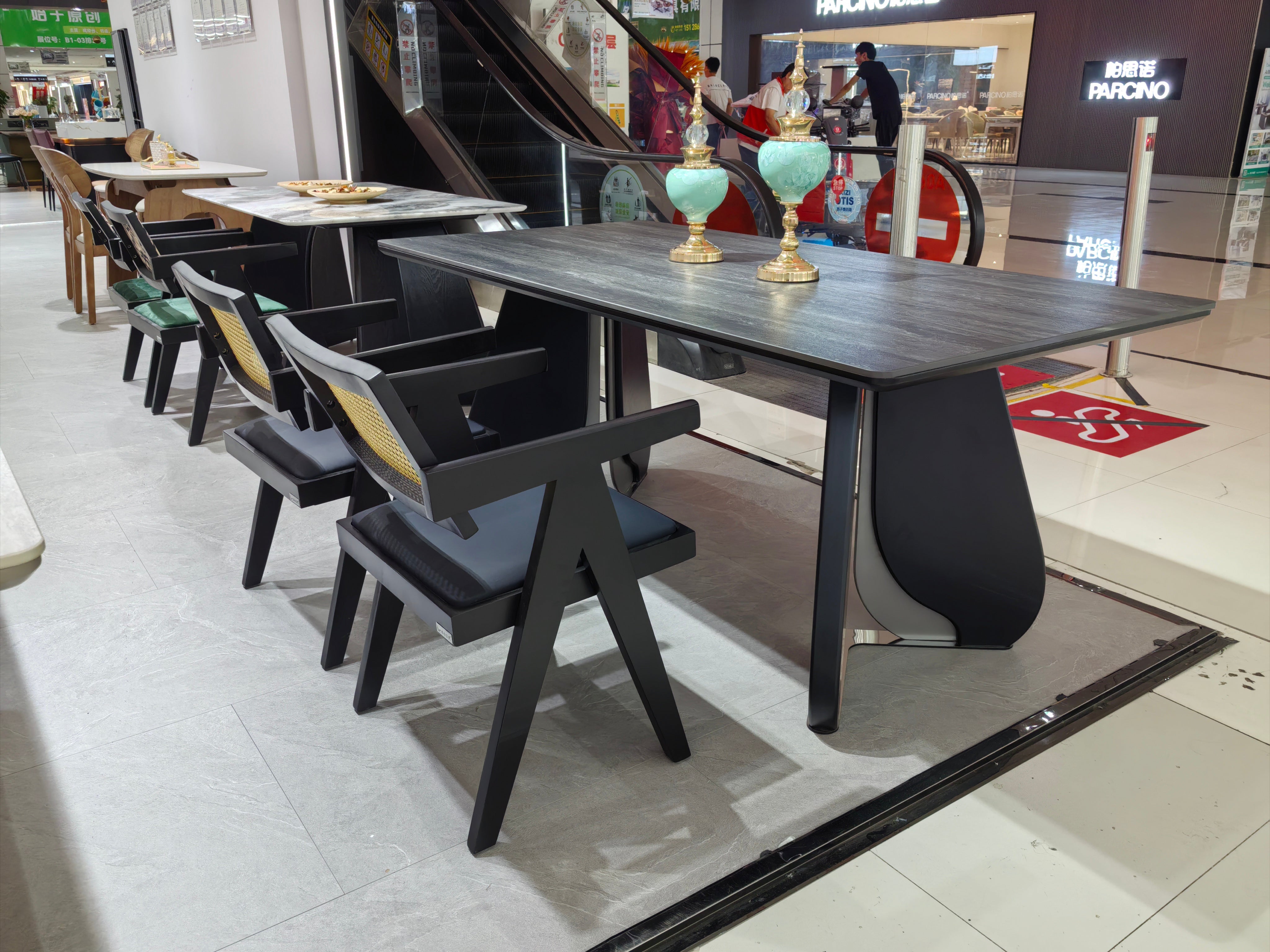 Dining Table Sintered Stone Wood Veneer Stainless Steel LKD084DTDSBL | LEUKHOME