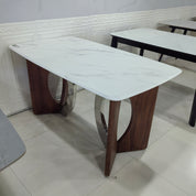 Dining Table Marble Wood Veneer Stainless Steel LKD105DTHX | LEUKHOME
