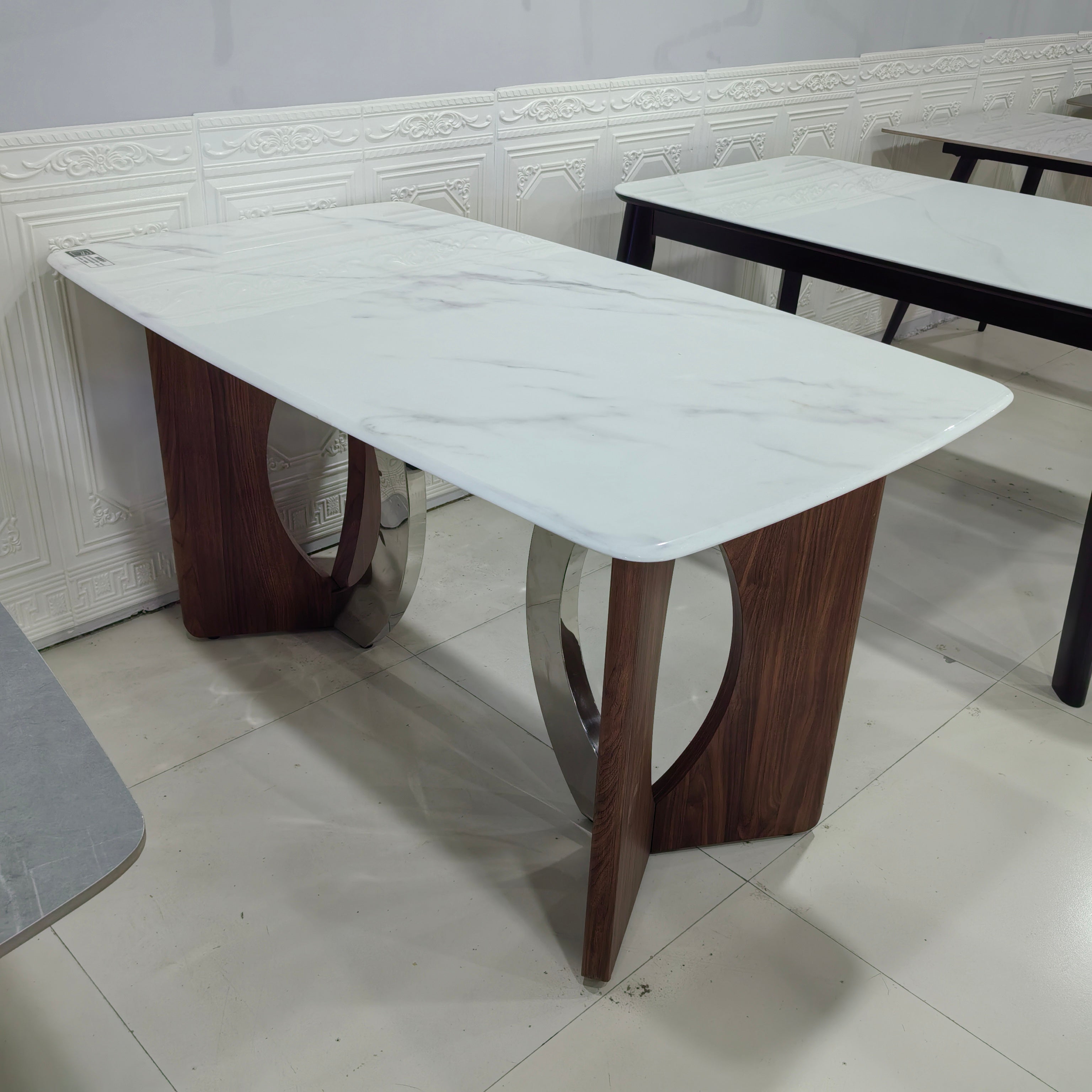Dining Table Marble Wood Veneer Stainless Steel LKD105DTHX | LEUKHOME
