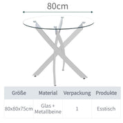 Runder Esstisch Glas Moderner Küchentisch Runder Glastisch Esszimmertische für Esszimmer Wohnzimmer Küche, Silber 80cm DE | LEUKHOUSE
