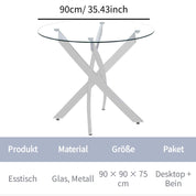 Esstisch Rund Glas Moderner Küchentisch Runder Glastisch Esszimmertische für Esszimmer Wohnzimmer Küche, 90 cm, Silber DE | LEUKHOUSE