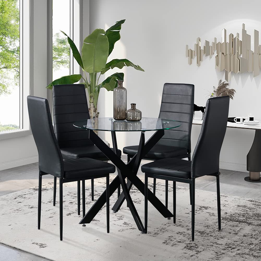 Esstisch Rund Glas Moderner Küchentisch 80cm Runder Glas Esszimmertische mit Metallbeinen für Esszimmer Wohnzimmer Küche, Schwarz DE | LEUKHOUSE