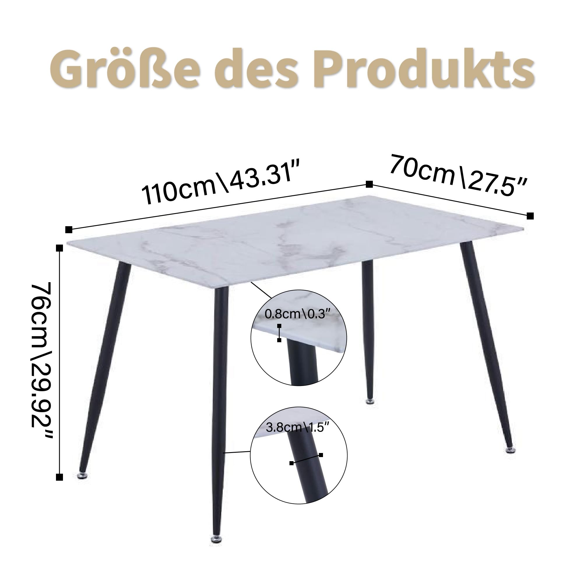 Rechteckiger Esstisch aus Glas Moderner Marmor Küchentisch mit Metallbeinen für Esszimmer Wohnzimmer, Weiß DE | LEUKHOUSE