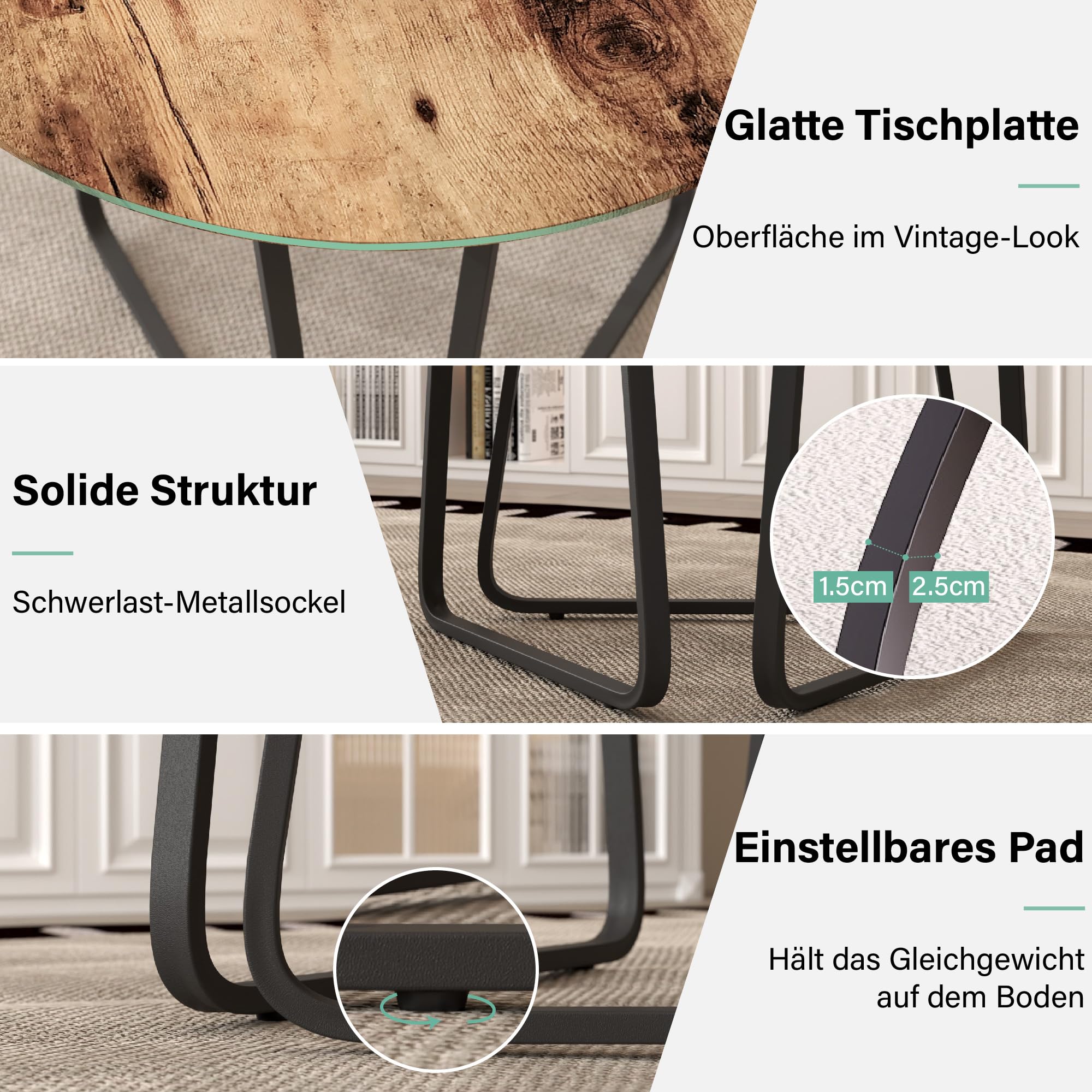 Esstisch Rund Holz Moderner Küchentisch Esszimmertische mit Schwarz Metallbeinen Tisch für Esszimmer Wohnzimmer Küche, Braun, 80 cm DE | LEUKHOUSE