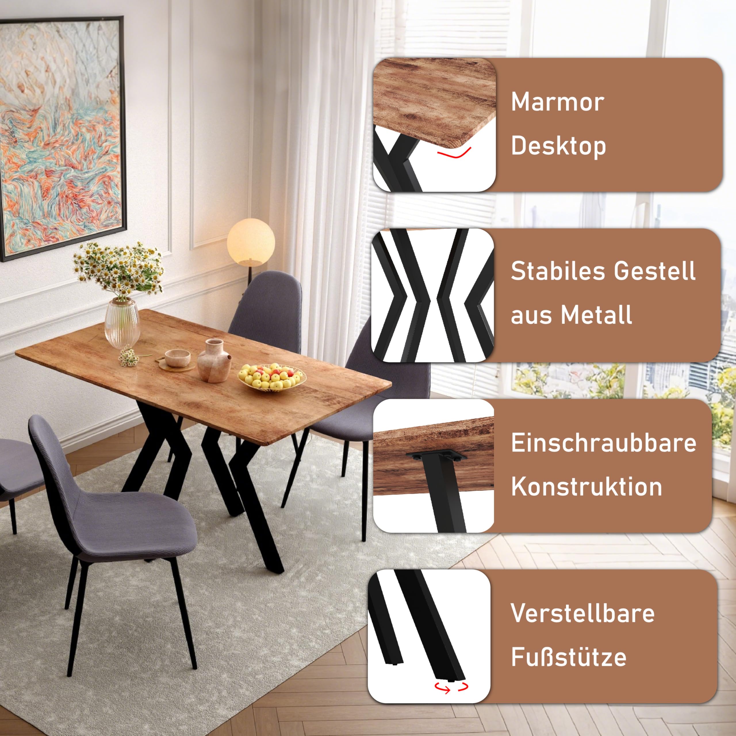 Esstisch Holz, Küchentisch 110x70cm, Holztisch Rechteckiger für Küche Esszimmertisch Tich mit Metallbeinen Wohnzimmer oder Büro DE | LEUKHOUSE