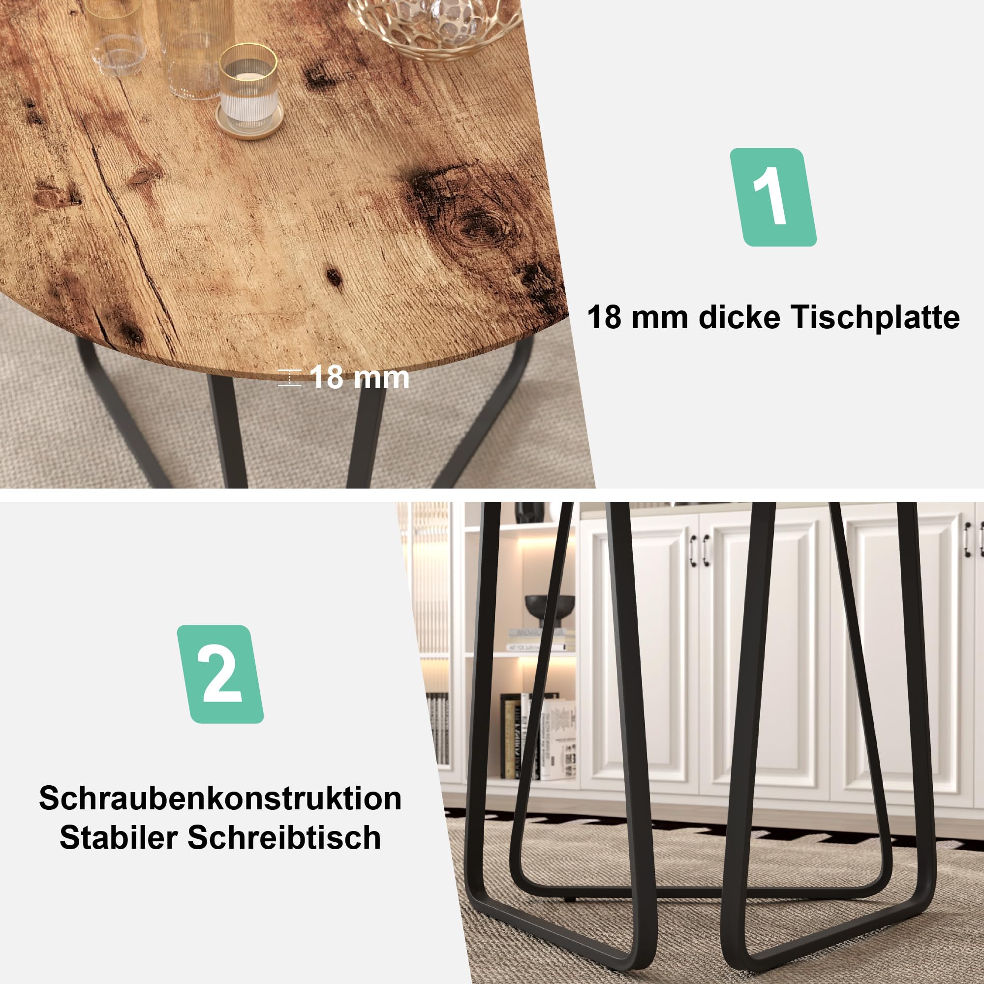 Esstisch Rund Holz Moderner Küchentisch Esszimmertische mit Schwarz Metallbeinen Tisch für Esszimmer Wohnzimmer Küche, Braun, 80 cm DE | LEUKHOUSE
