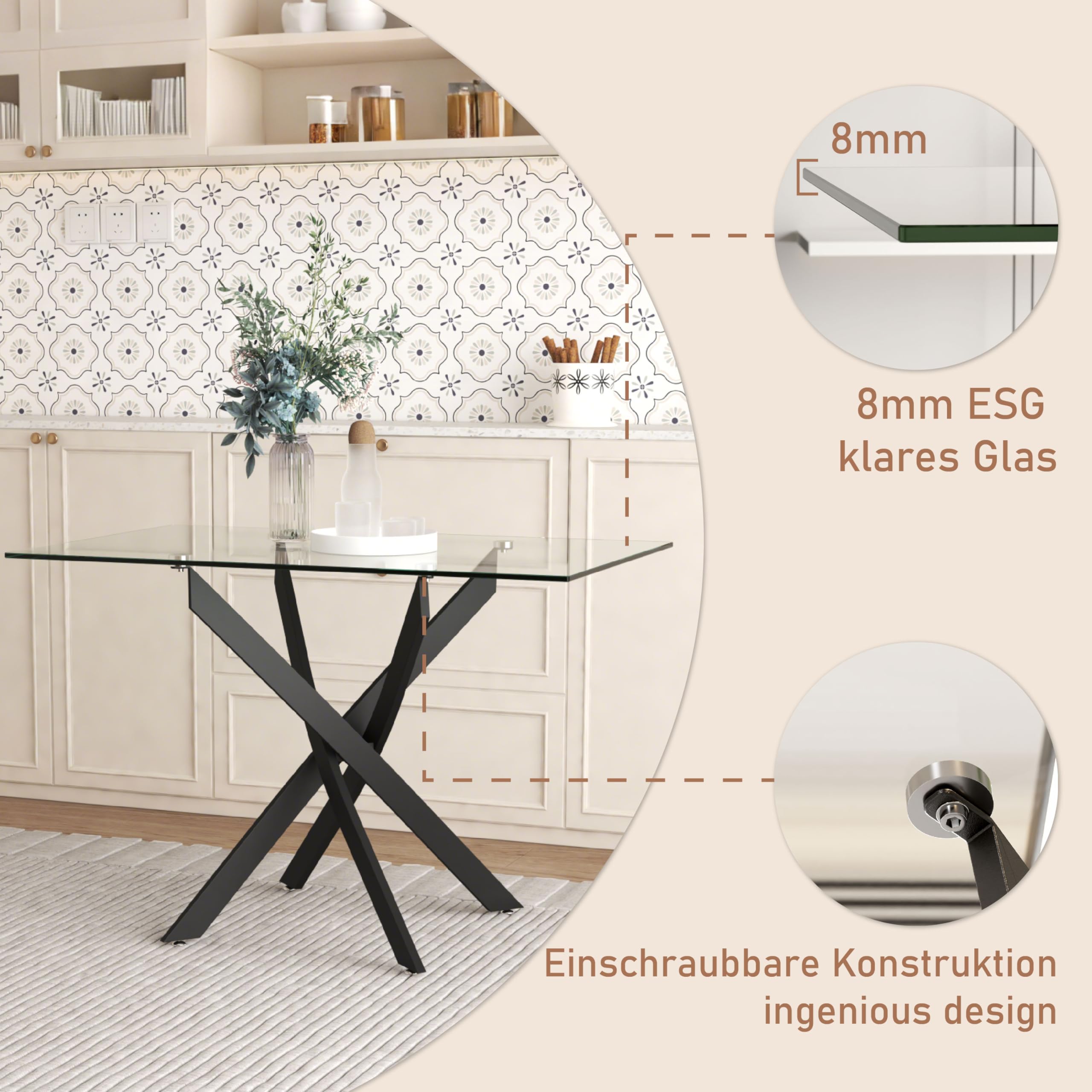 Esstisch Glas Küchentisch Glastisch Wohnzimmertisch mit Schwarze Beine Moderner Stil Rechteckiger Tisch für Büro Küche 110cm DE | LEUKHOUSE