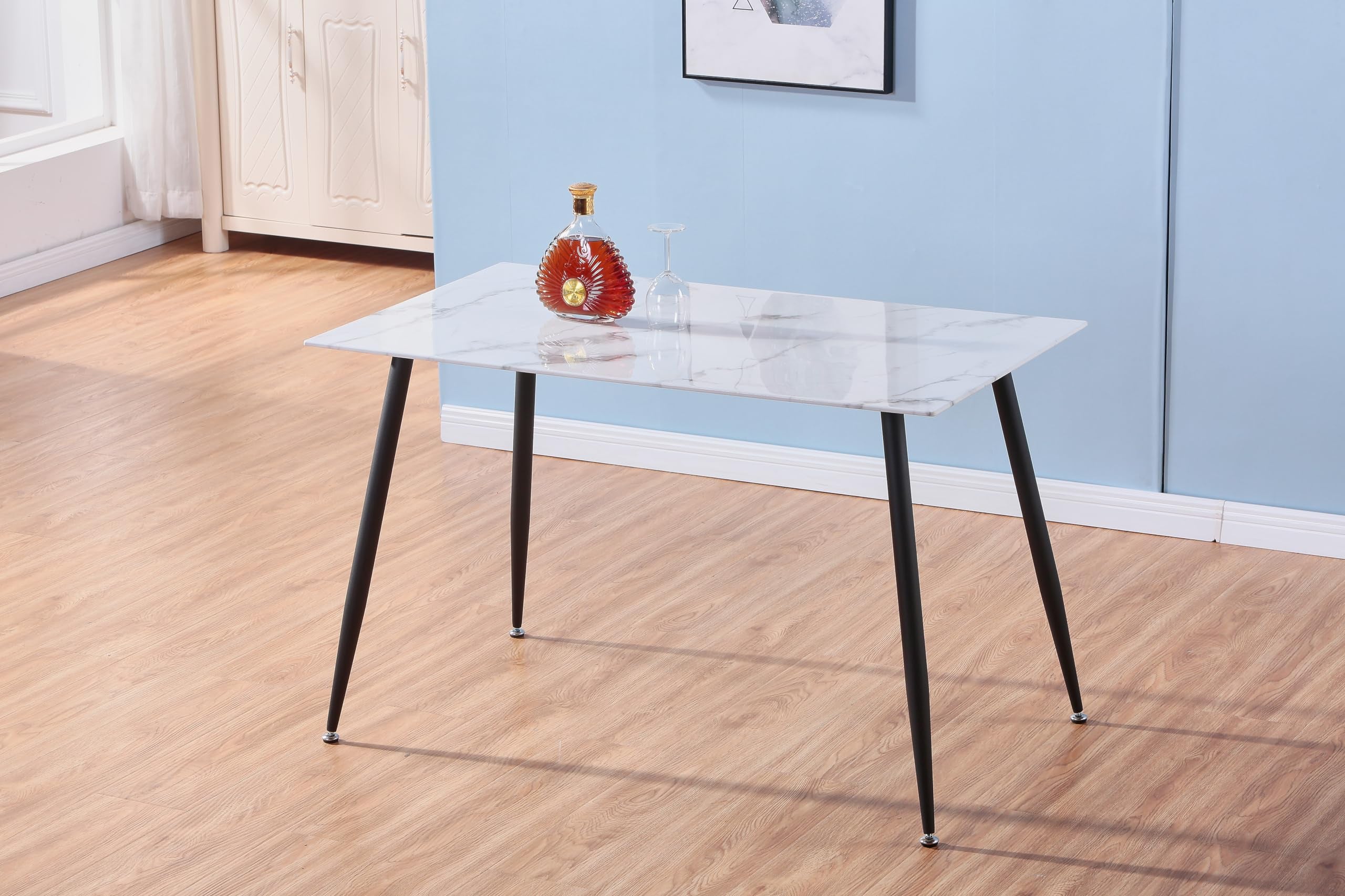 Rechteckiger Esstisch aus Glas Moderner Marmor Küchentisch mit Metallbeinen für Esszimmer Wohnzimmer, Weiß DE | LEUKHOUSE