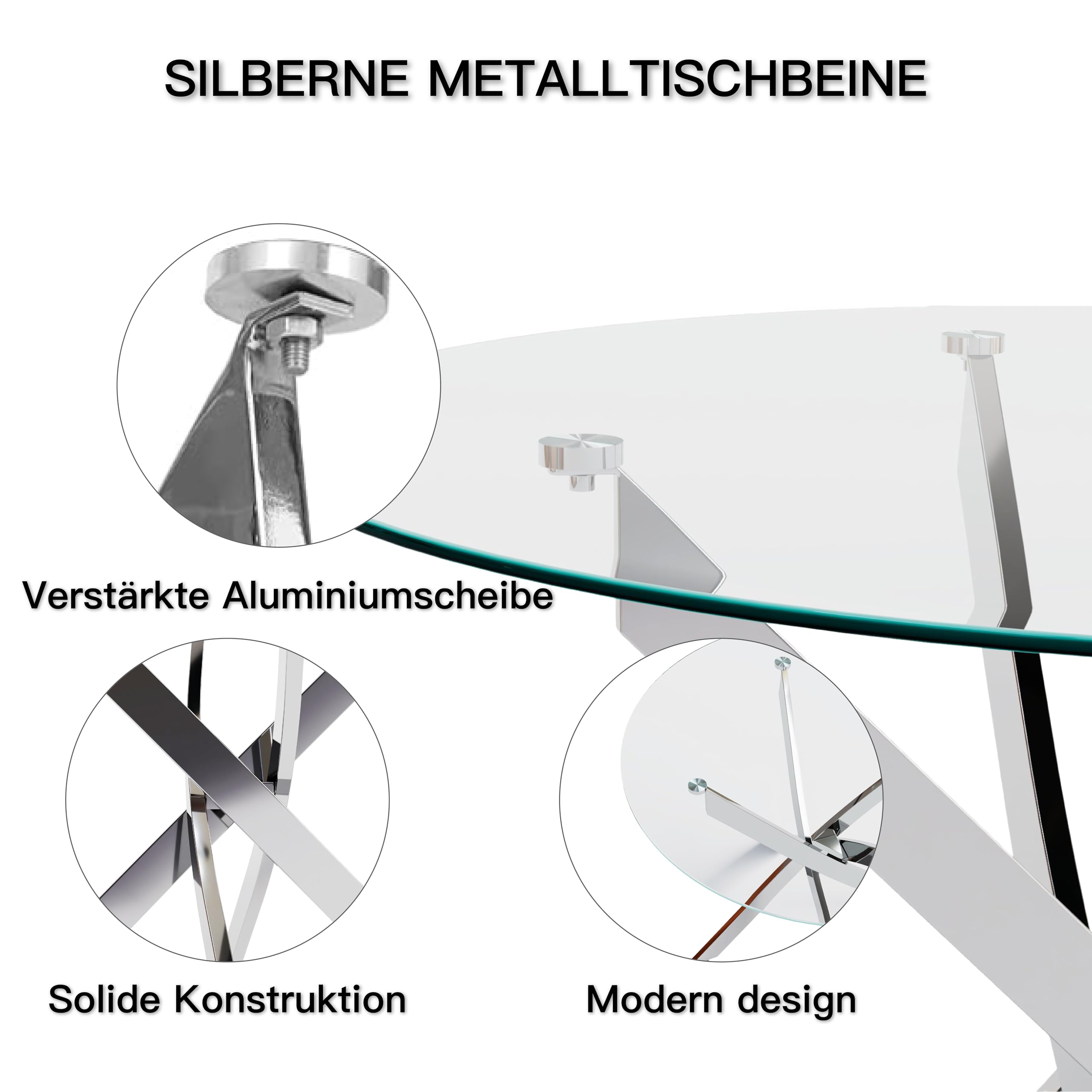 Esstisch Rund Glas Moderner Küchentisch Runder Glastisch Esszimmertische für Esszimmer Wohnzimmer Küche, 90 cm, Silber DE | LEUKHOUSE