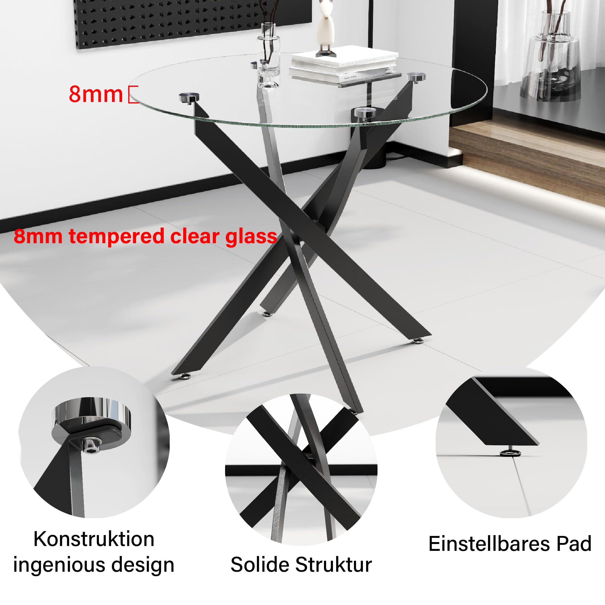 Esstisch Rund Glas Moderner Küchentisch 80cm Runder Glas Esszimmertische mit Metallbeinen für Esszimmer Wohnzimmer Küche, Schwarz DE | LEUKHOUSE