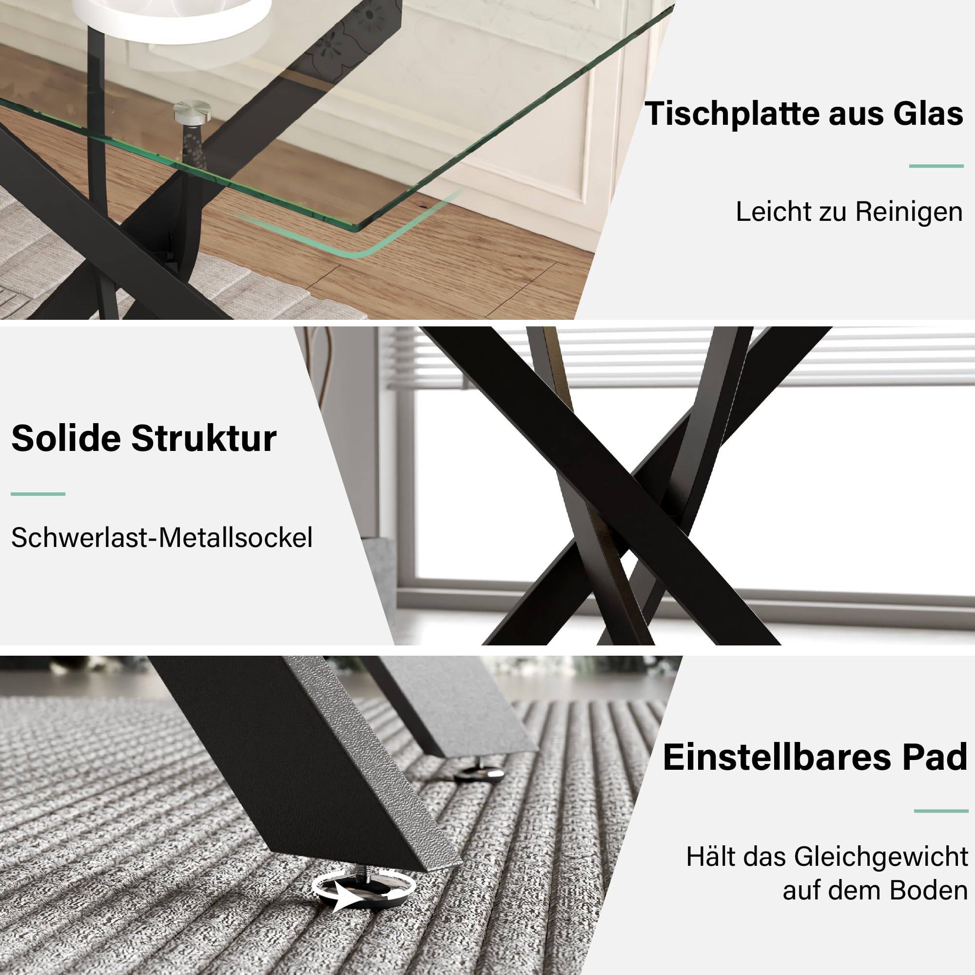 Esstisch Glas Küchentisch Glastisch Wohnzimmertisch mit Schwarze Beine Moderner Stil Rechteckiger Tisch für Büro Küche 110cm DE | LEUKHOUSE